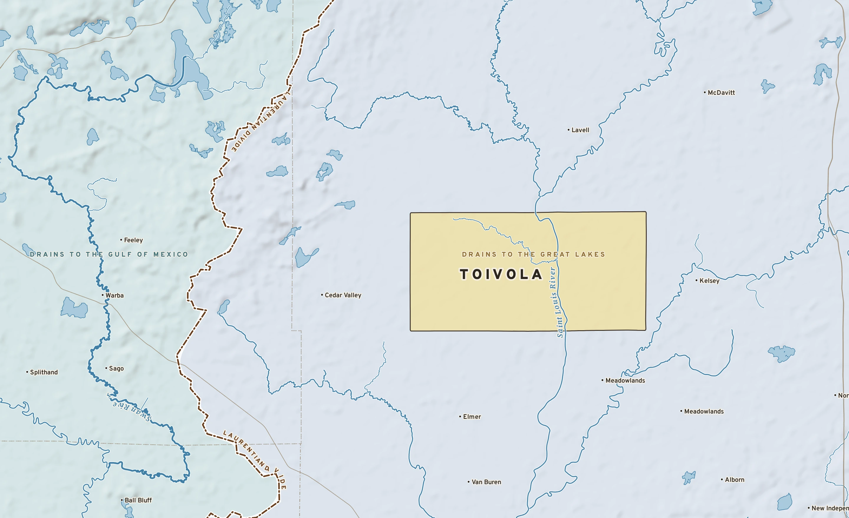 Shaded-relief atlas plate of Toivola, Minnesota: rivers, roads, the city limits and where the water drains.