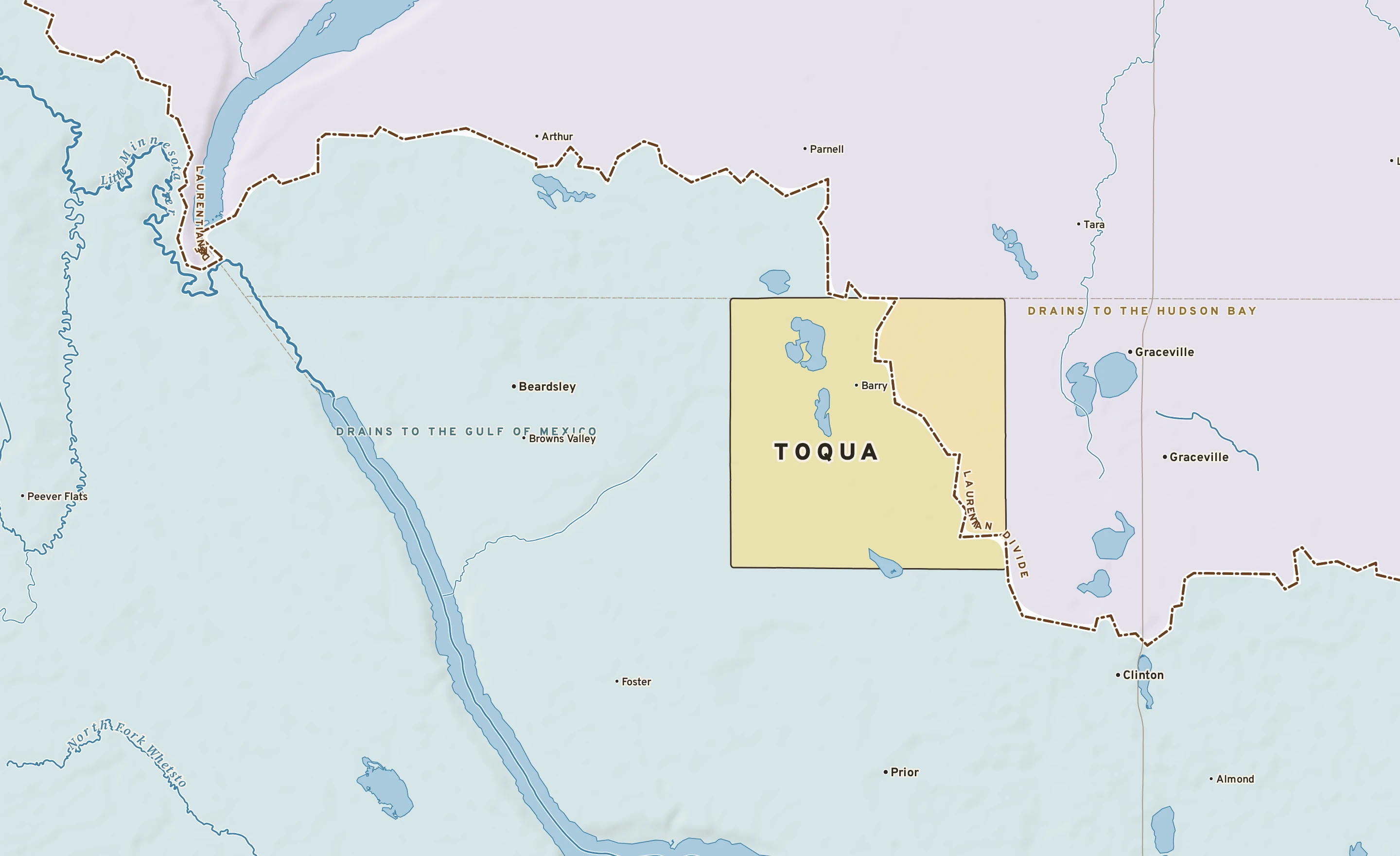 Shaded-relief atlas plate of Toqua, Minnesota: rivers, roads, the city limits and where the water drains.