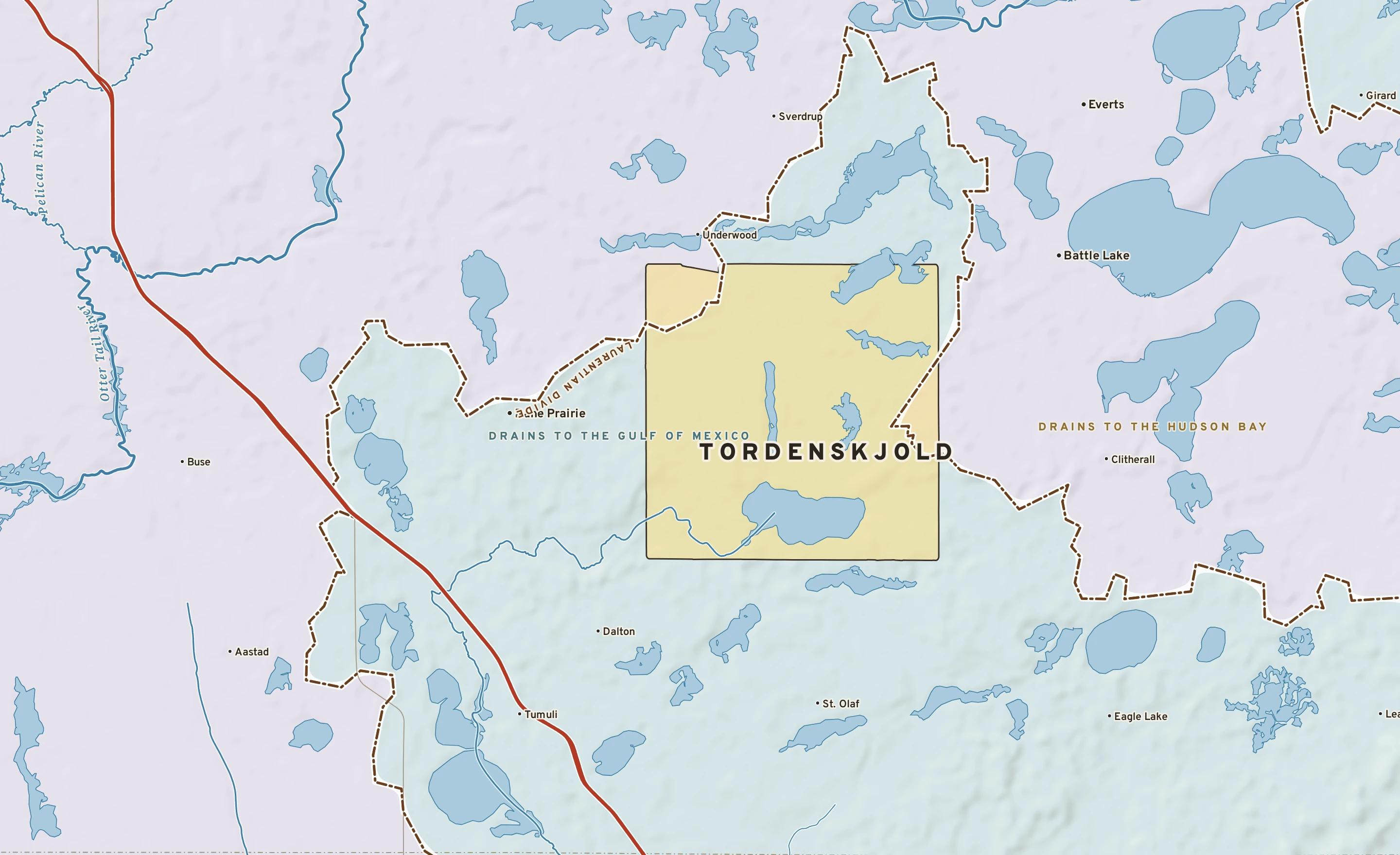 Shaded-relief atlas plate of Tordenskjold, Minnesota: rivers, roads, the city limits and where the water drains.