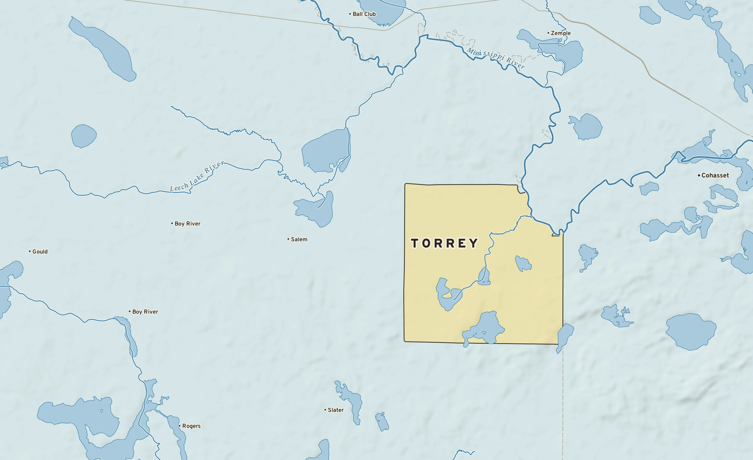 Shaded-relief atlas plate of Torrey, Minnesota: rivers, roads, the city limits and where the water drains.