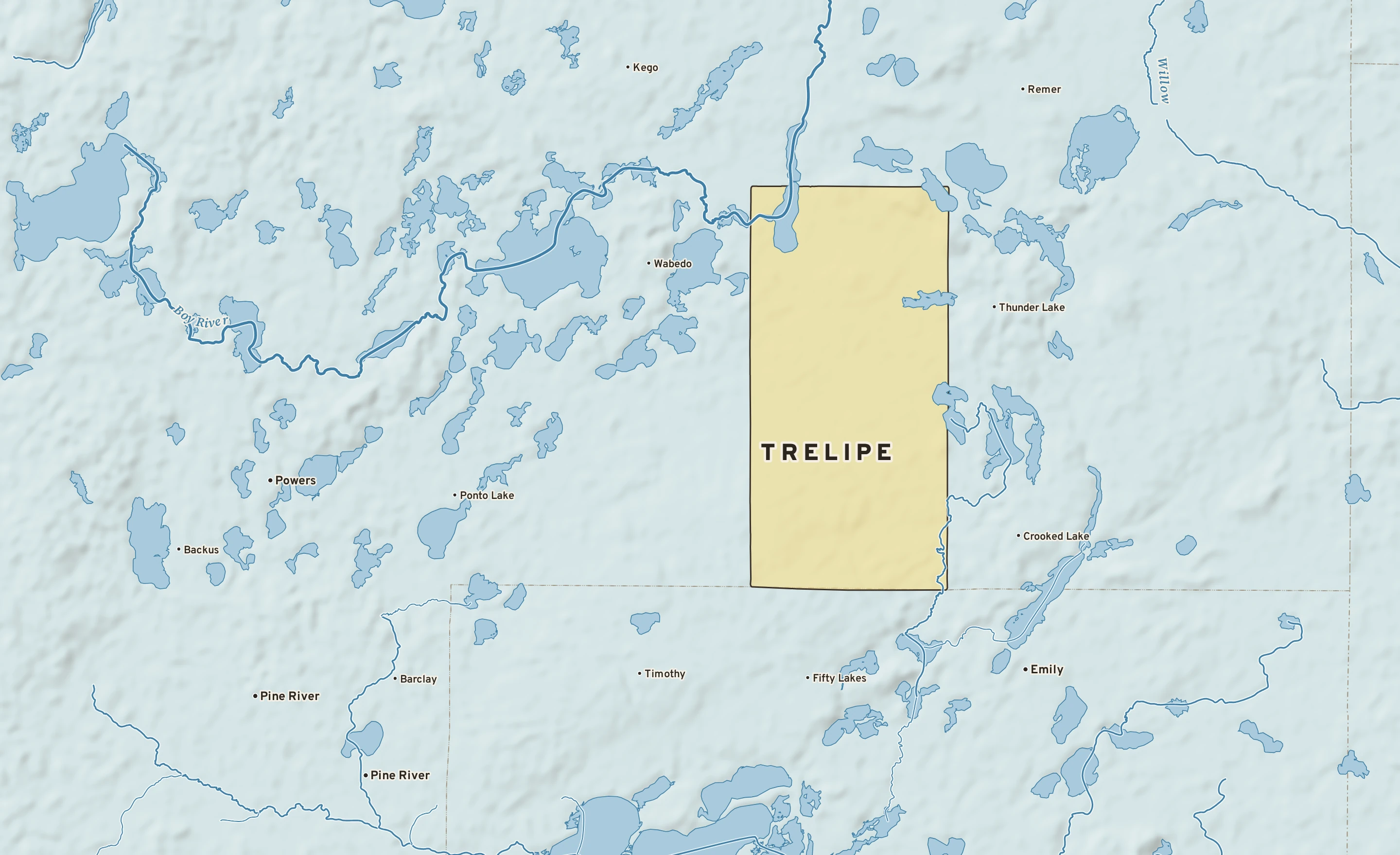 Shaded-relief atlas plate of Trelipe, Minnesota: rivers, roads, the city limits and where the water drains.