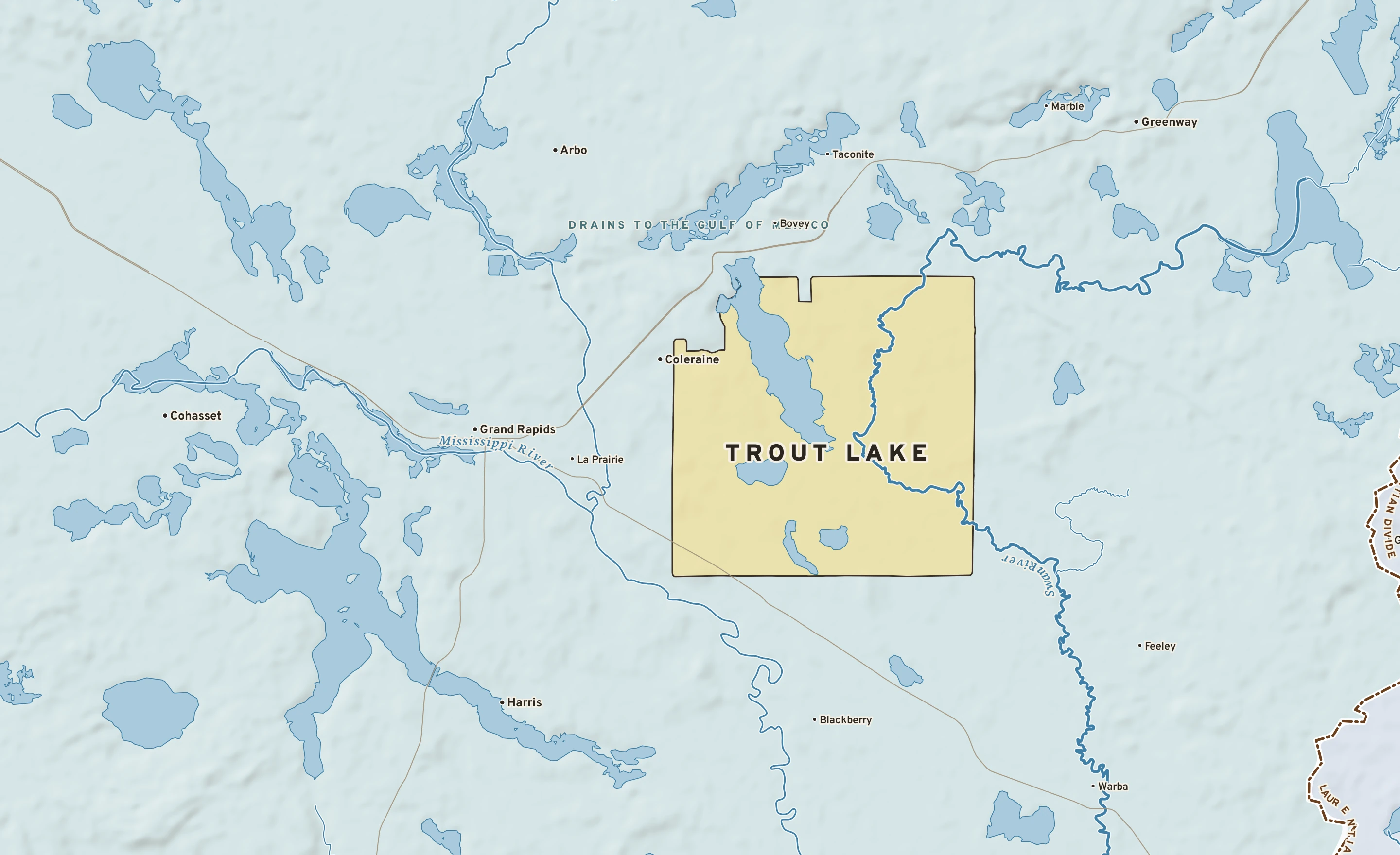 Shaded-relief atlas plate of Trout Lake, Minnesota: rivers, roads, the city limits and where the water drains.