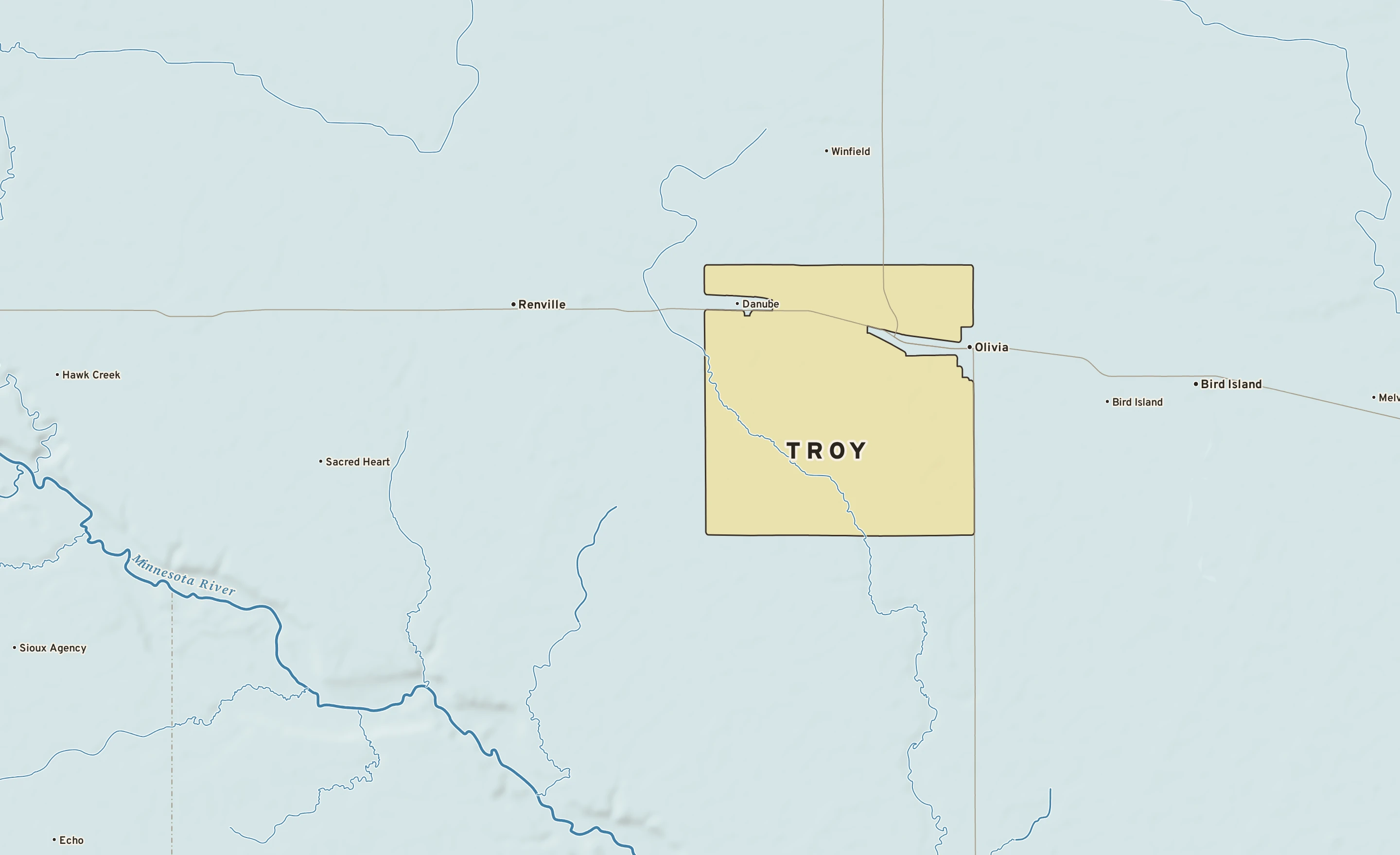 Shaded-relief atlas plate of Troy, Minnesota: rivers, roads, the city limits and where the water drains.