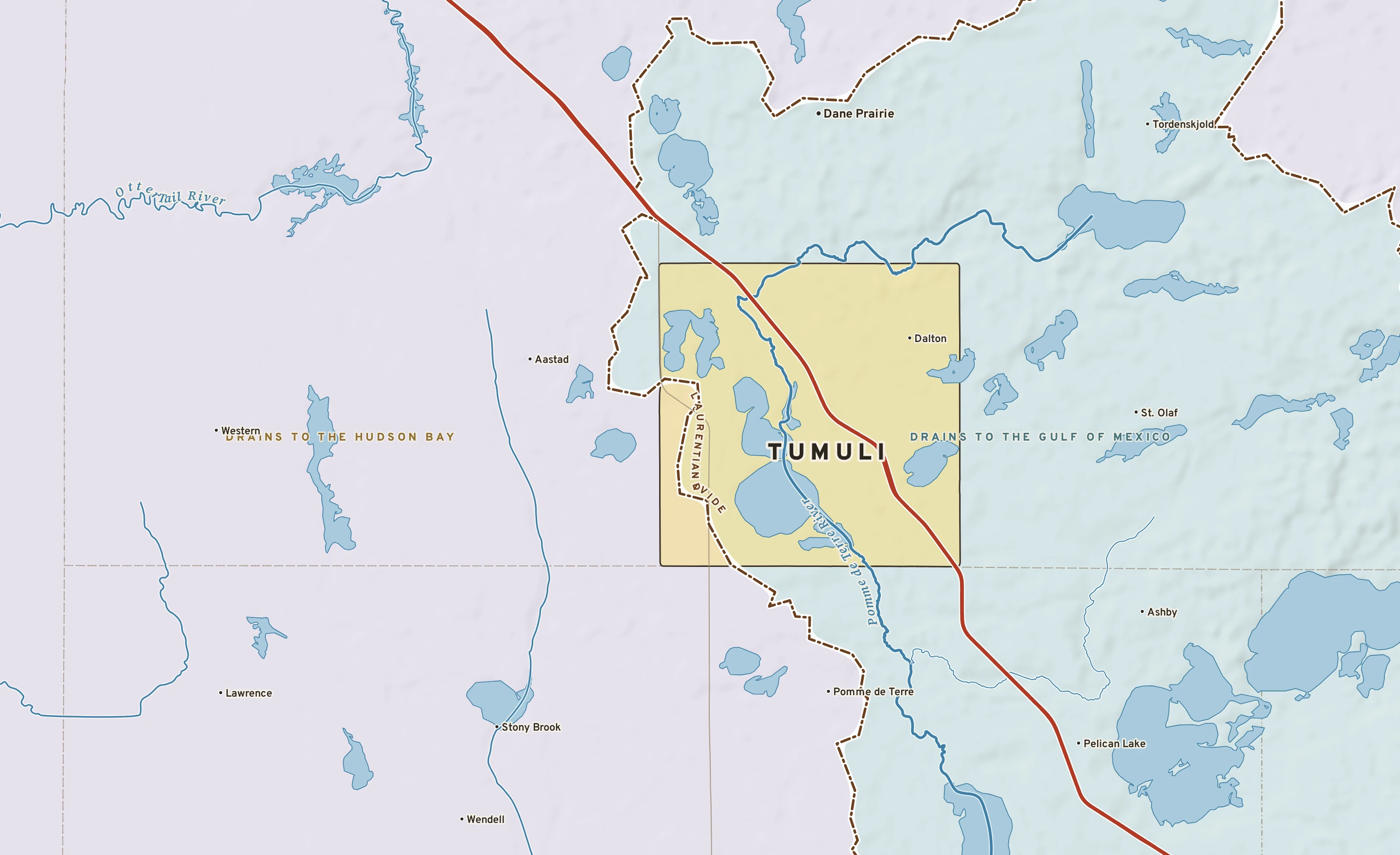 Shaded-relief atlas plate of Tumuli, Minnesota: rivers, roads, the city limits and where the water drains.