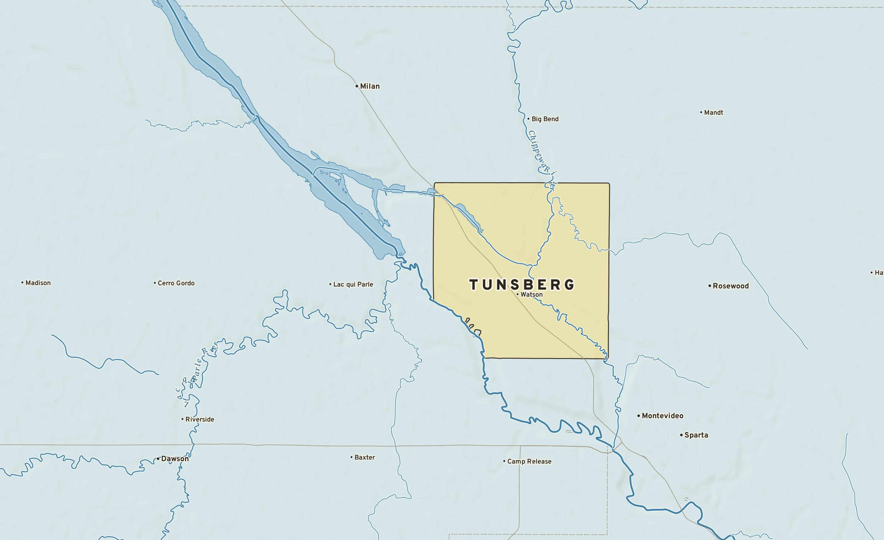Shaded-relief atlas plate of Tunsberg, Minnesota: rivers, roads, the city limits and where the water drains.