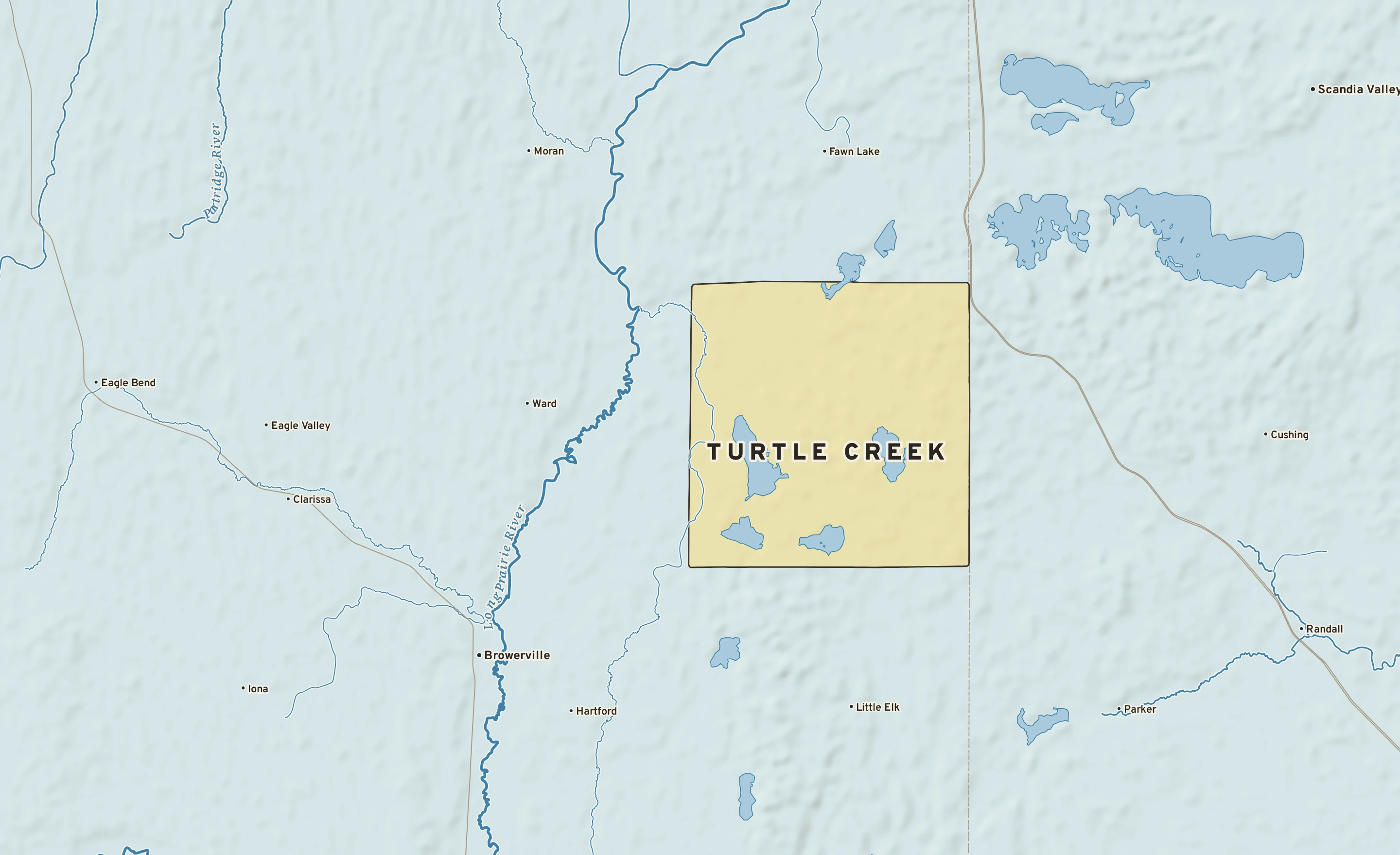Shaded-relief atlas plate of Turtle Creek, Minnesota: rivers, roads, the city limits and where the water drains.