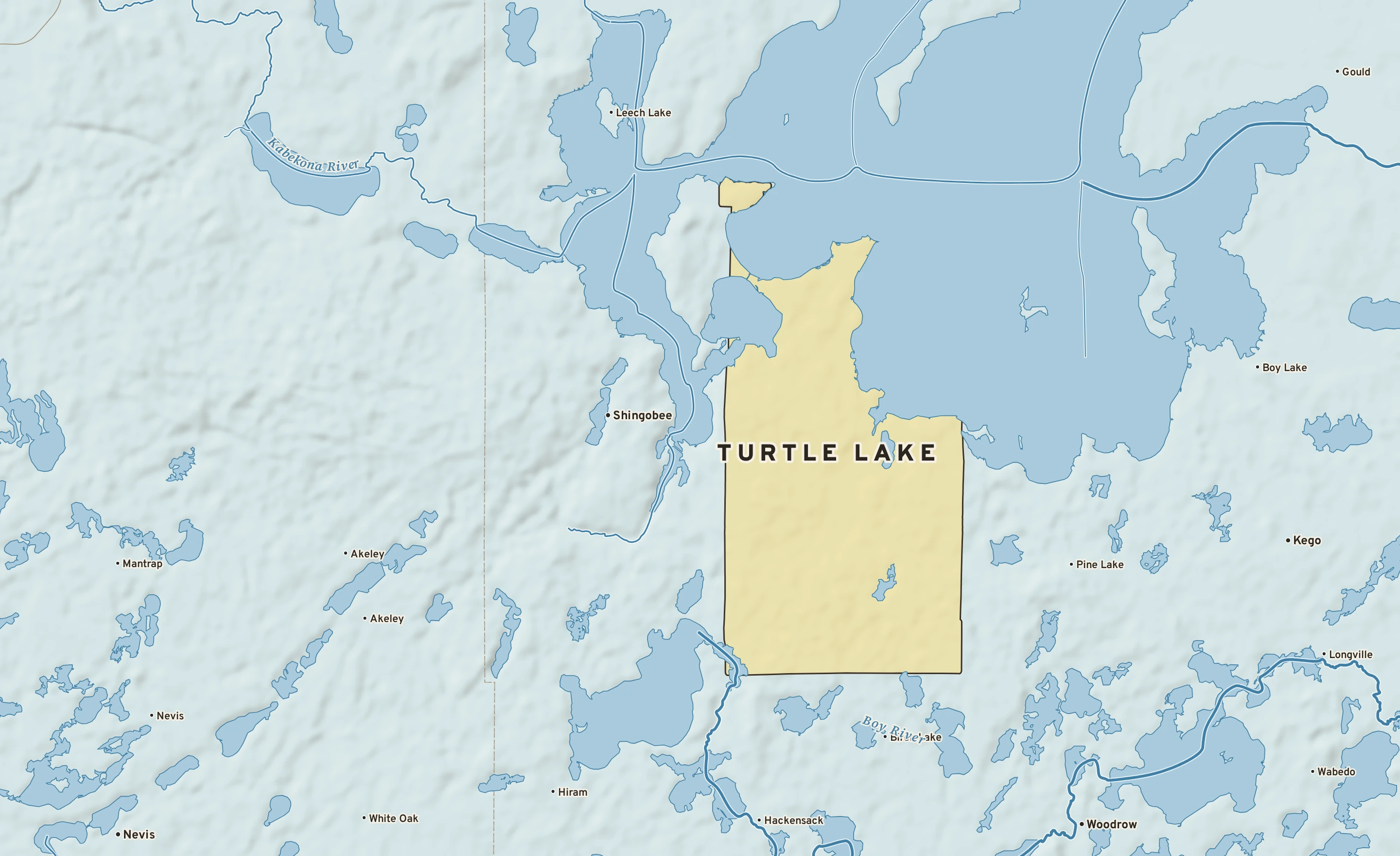 Shaded-relief atlas plate of Turtle Lake, Minnesota: rivers, roads, the city limits and where the water drains.
