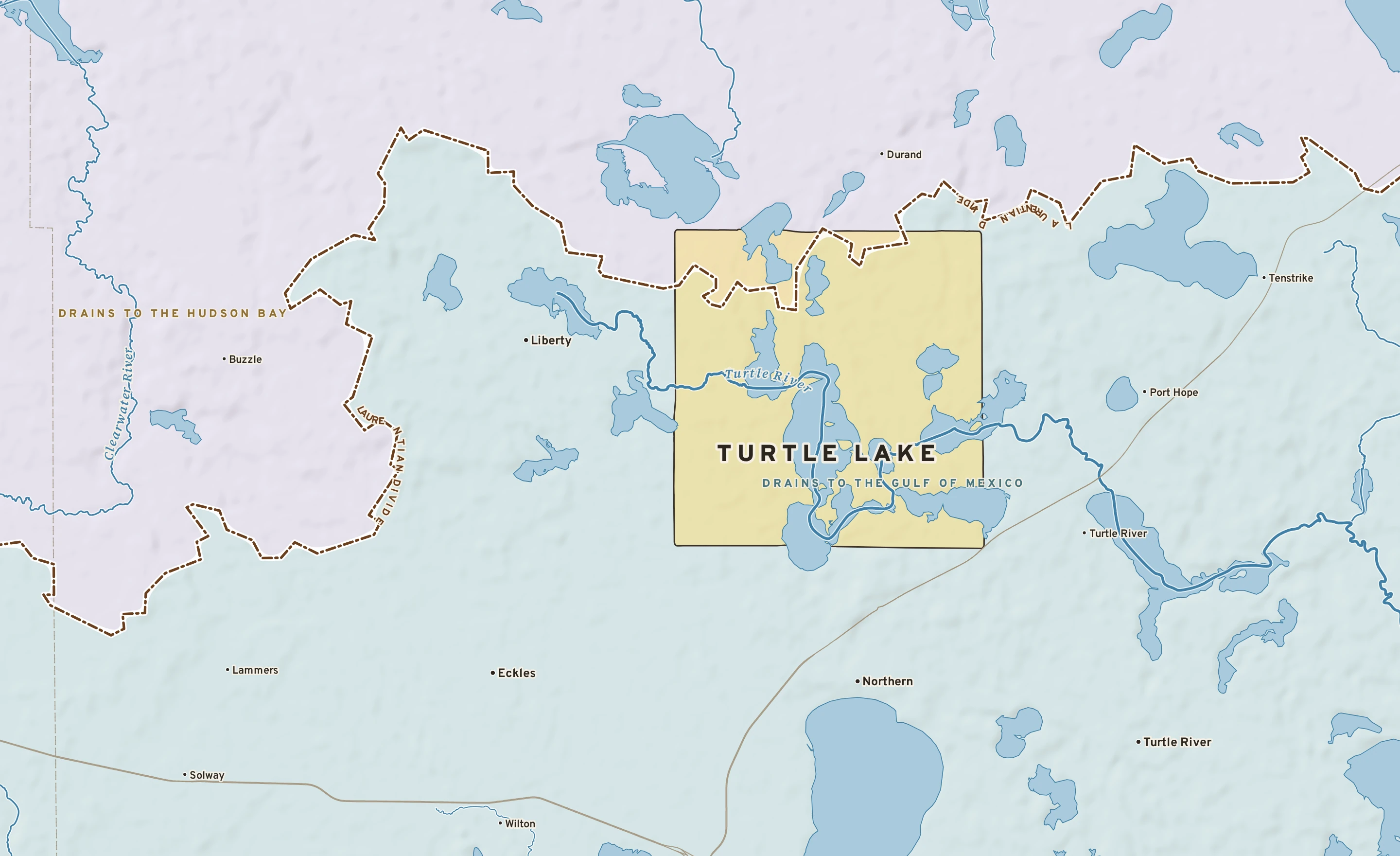Shaded-relief atlas plate of Turtle Lake, Minnesota: rivers, roads, the city limits and where the water drains.