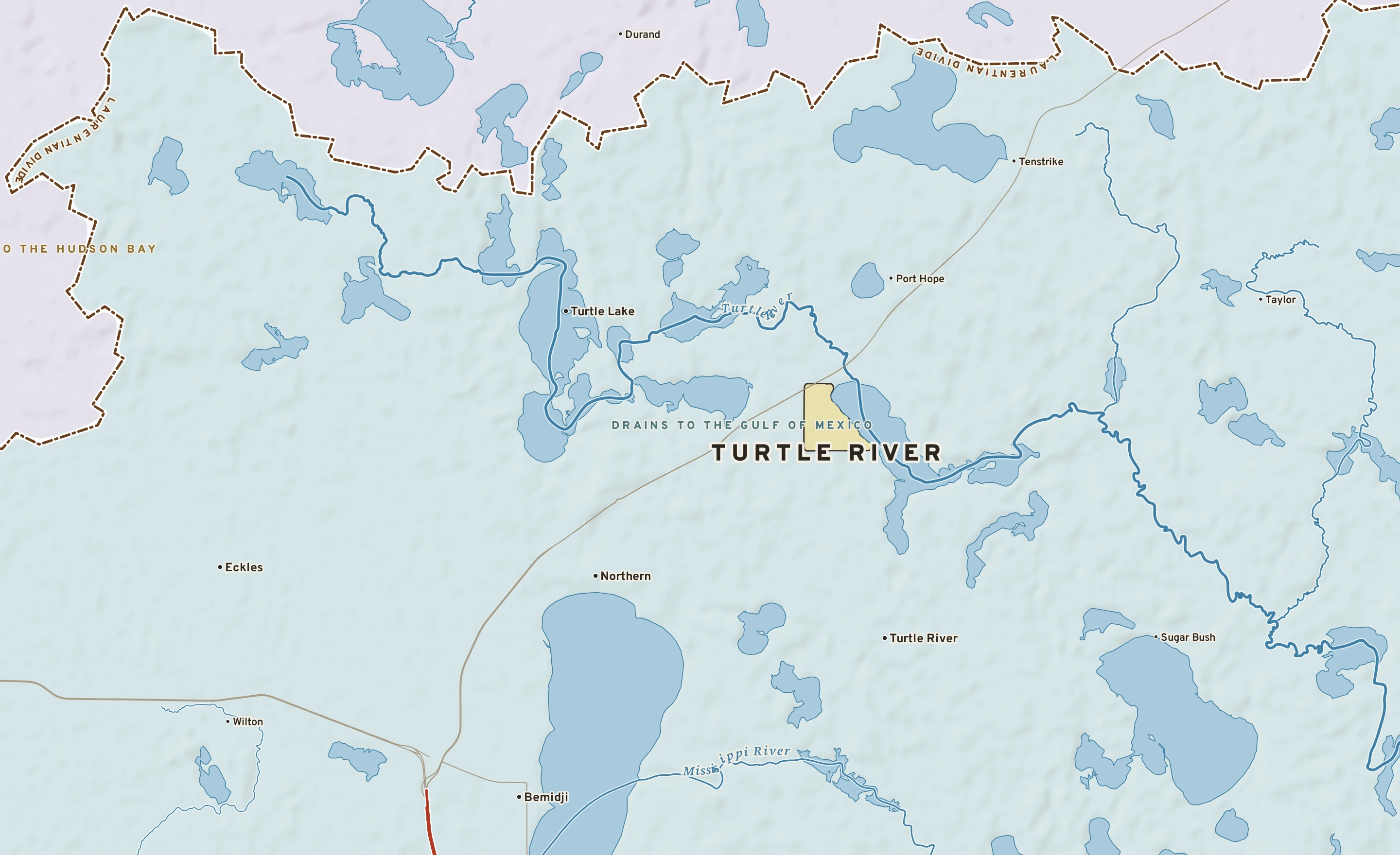 Shaded-relief atlas plate of Turtle River, Minnesota: rivers, roads, the city limits and where the water drains.