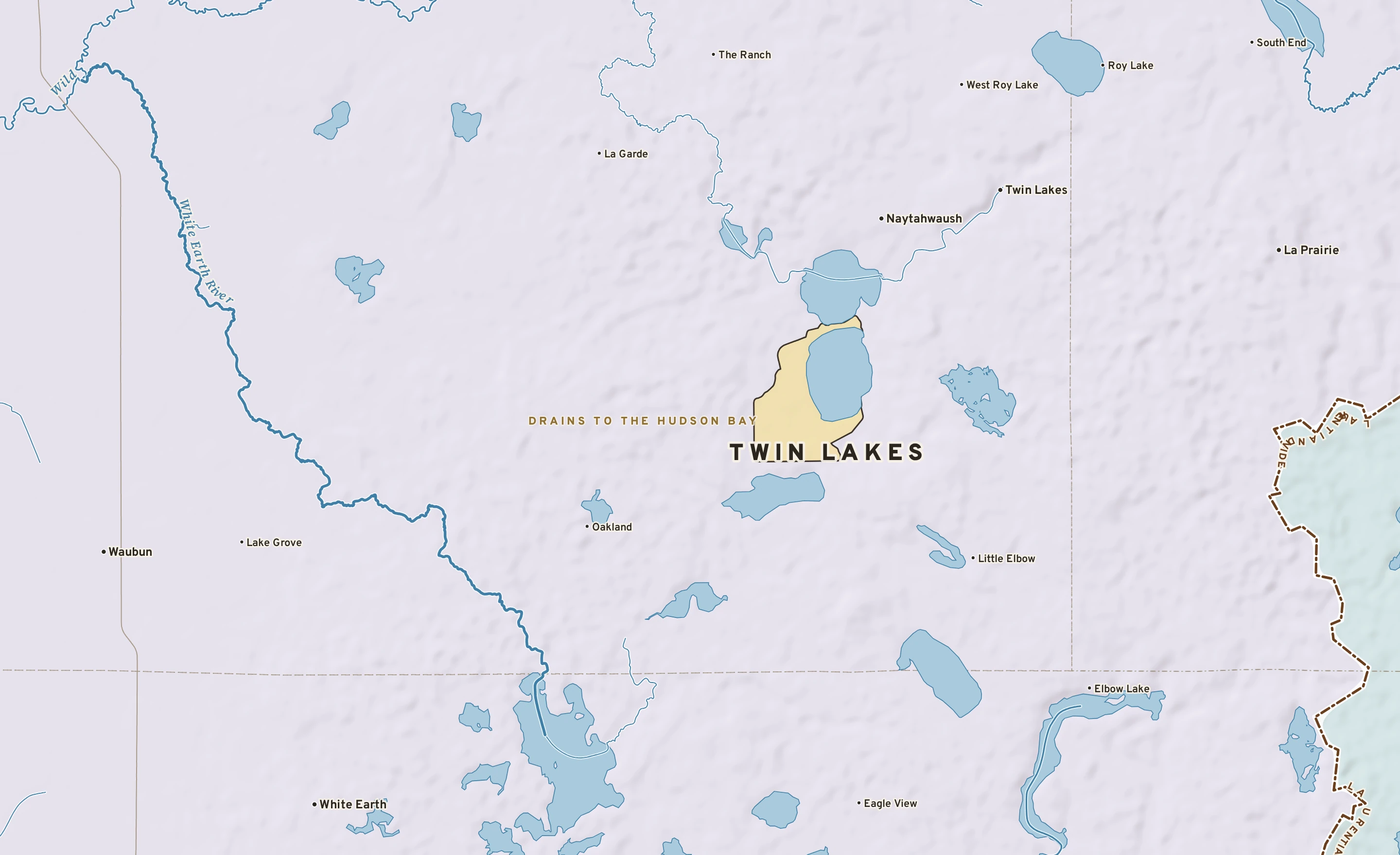 Shaded-relief atlas plate of Twin Lakes, Minnesota: rivers, roads, the city limits and where the water drains.