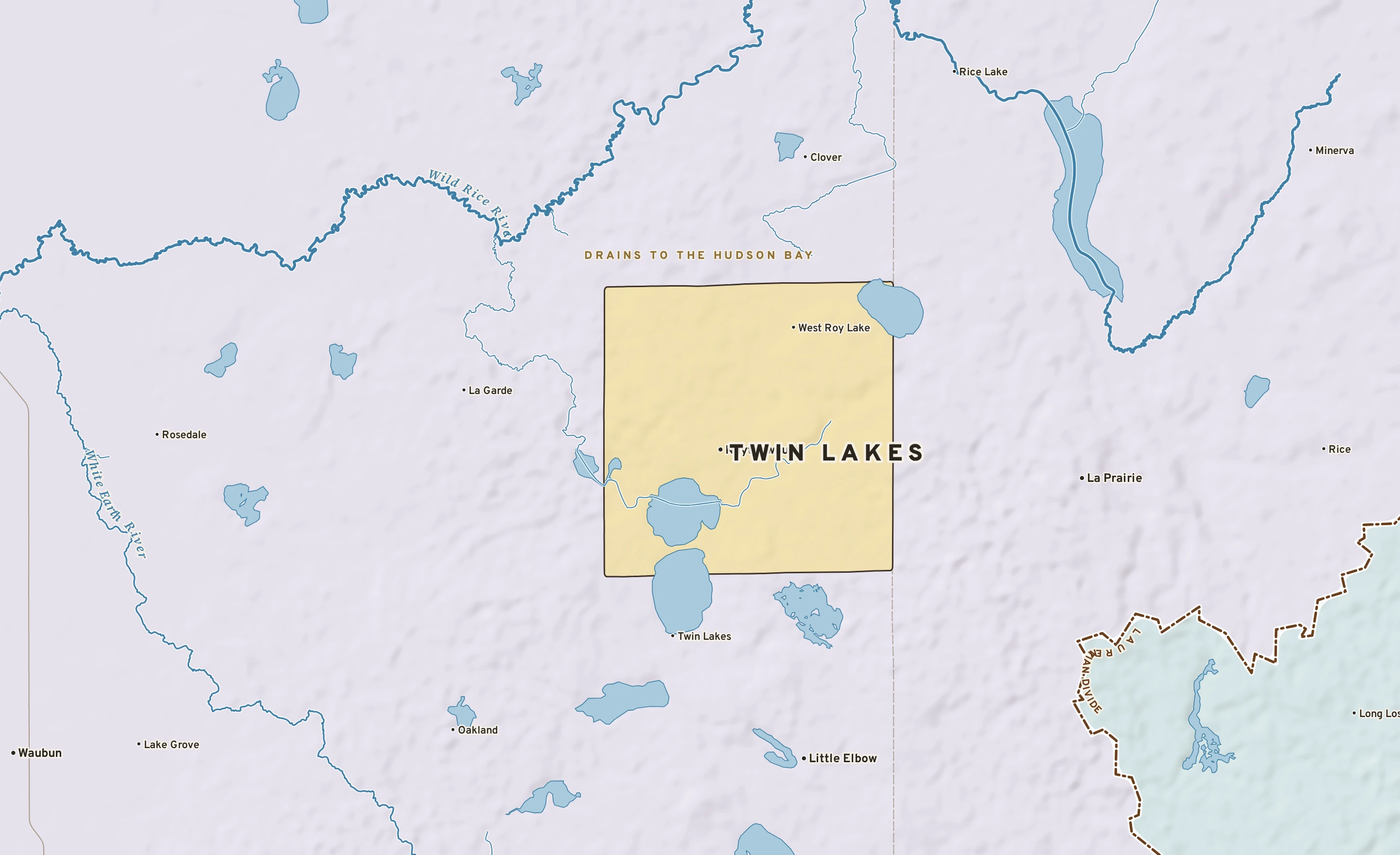 Shaded-relief atlas plate of Twin Lakes, Minnesota: rivers, roads, the city limits and where the water drains.