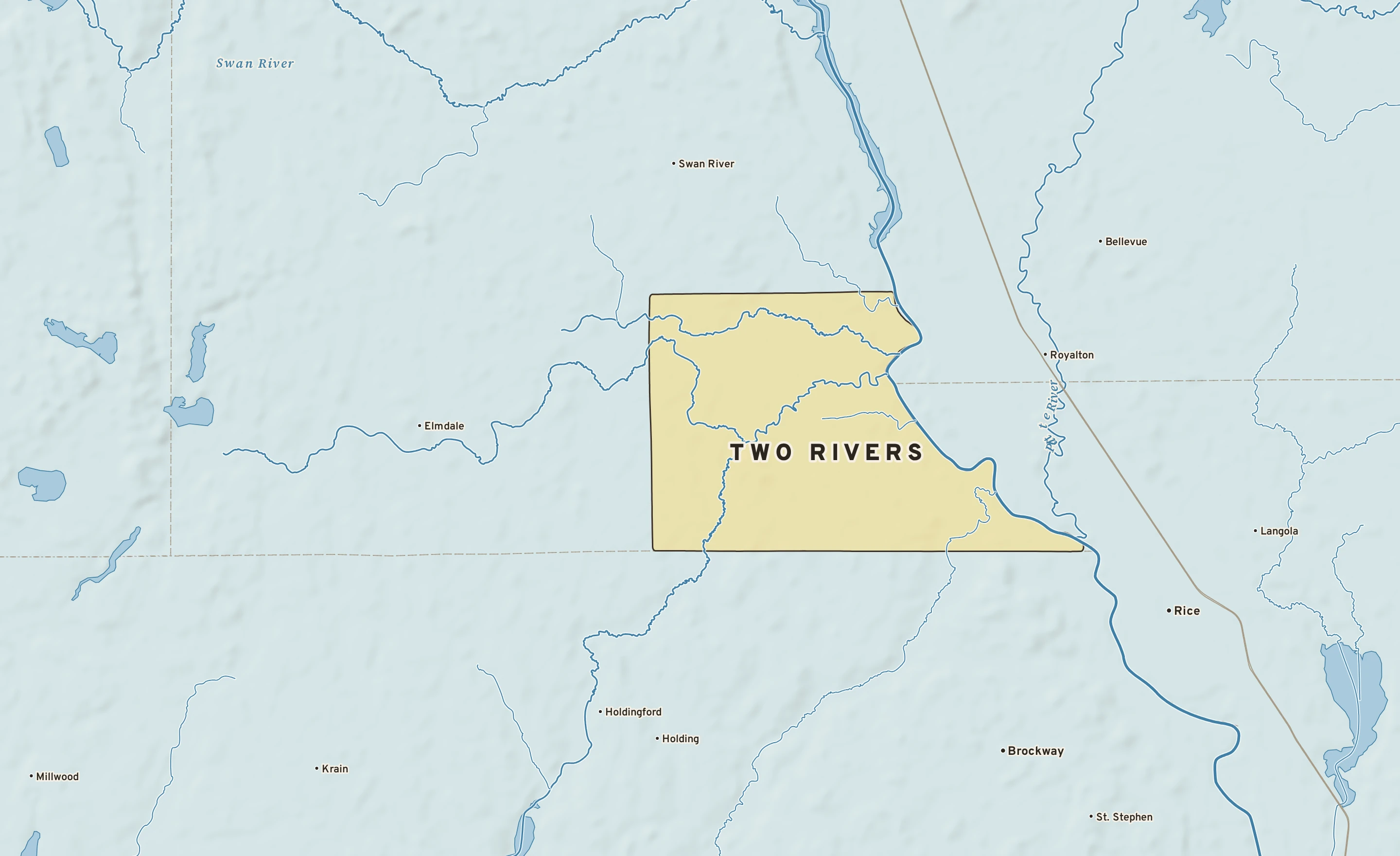 Shaded-relief atlas plate of Two Rivers, Minnesota: rivers, roads, the city limits and where the water drains.