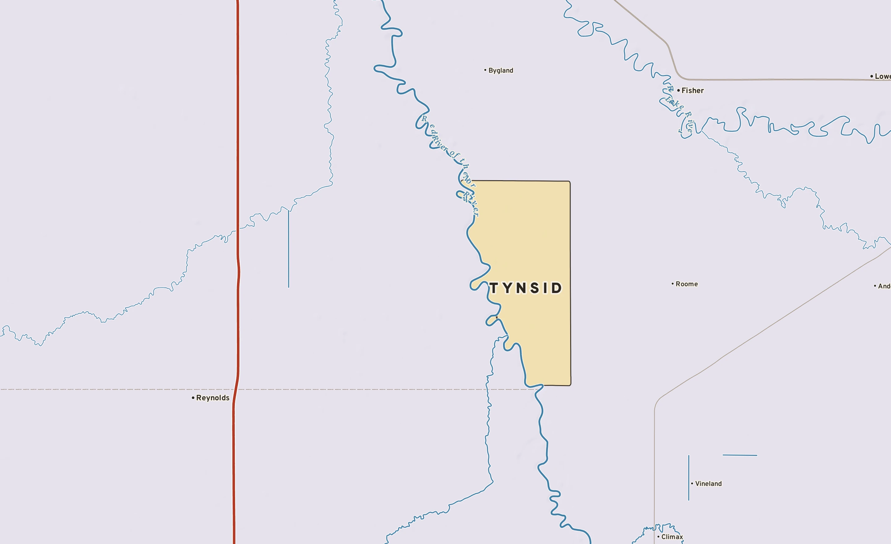 Shaded-relief atlas plate of Tynsid, Minnesota: rivers, roads, the city limits and where the water drains.