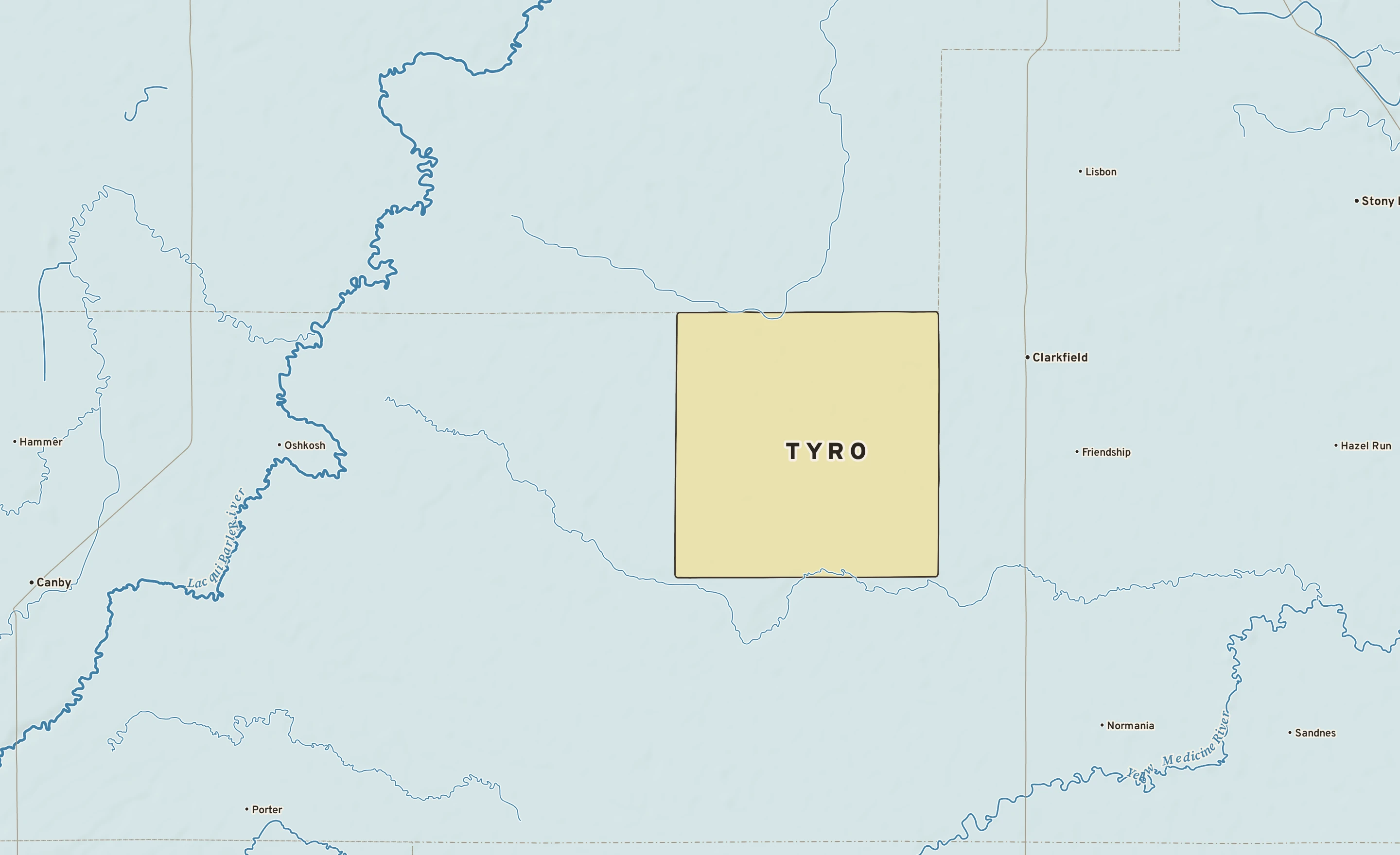 Shaded-relief atlas plate of Tyro, Minnesota: rivers, roads, the city limits and where the water drains.