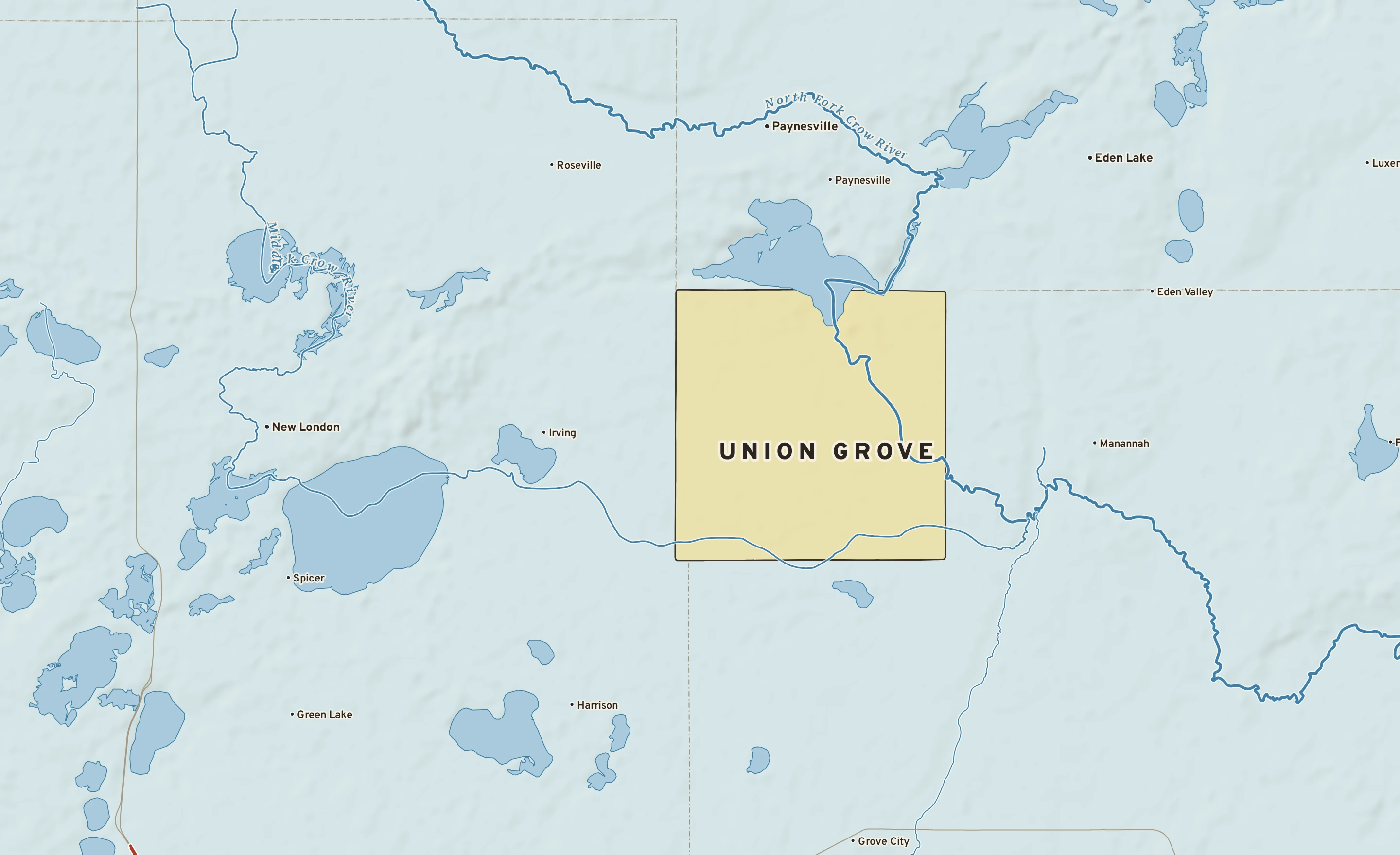 Shaded-relief atlas plate of Union Grove, Minnesota: rivers, roads, the city limits and where the water drains.
