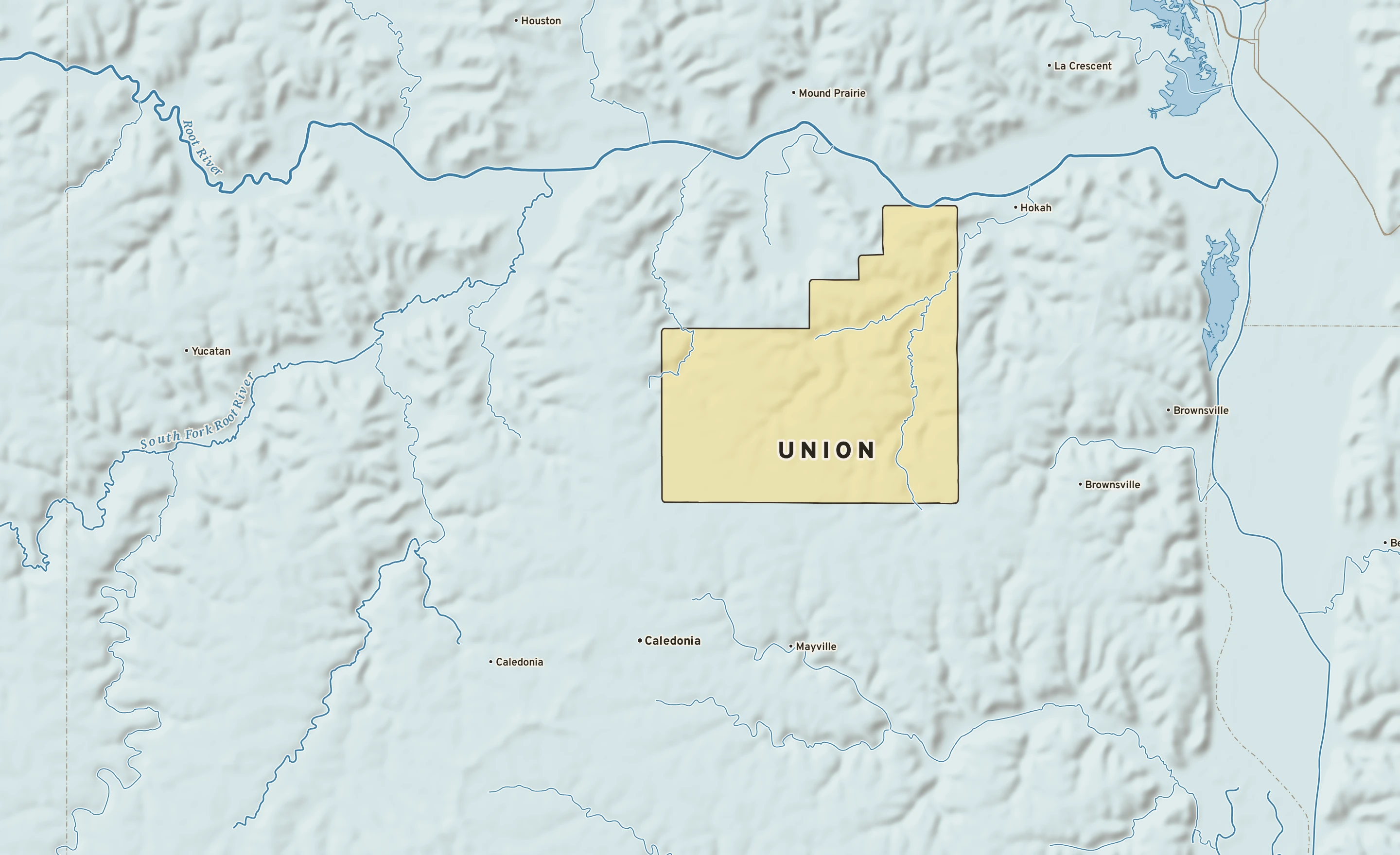 Shaded-relief atlas plate of Union, Minnesota: rivers, roads, the city limits and where the water drains.