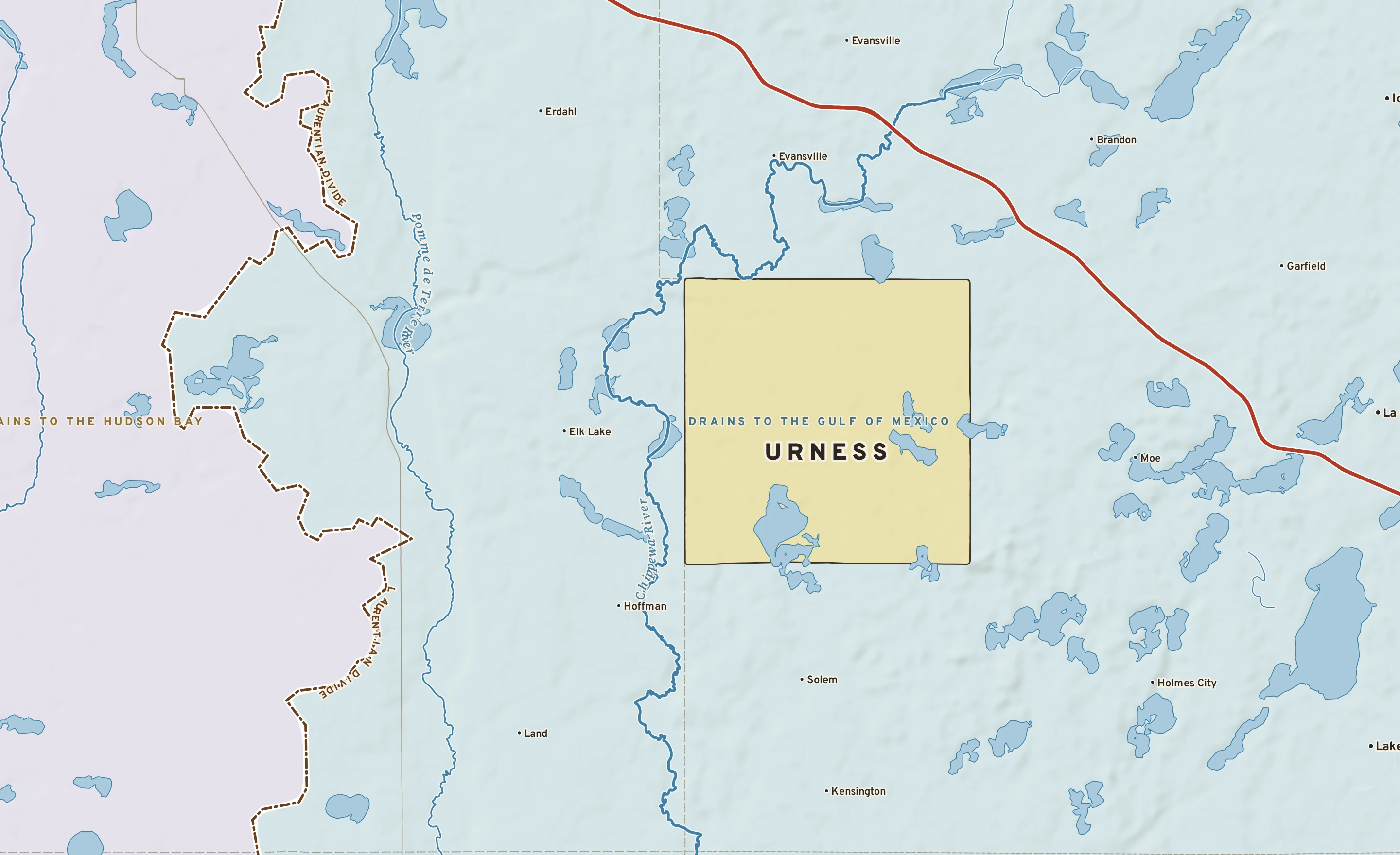 Shaded-relief atlas plate of Urness, Minnesota: rivers, roads, the city limits and where the water drains.
