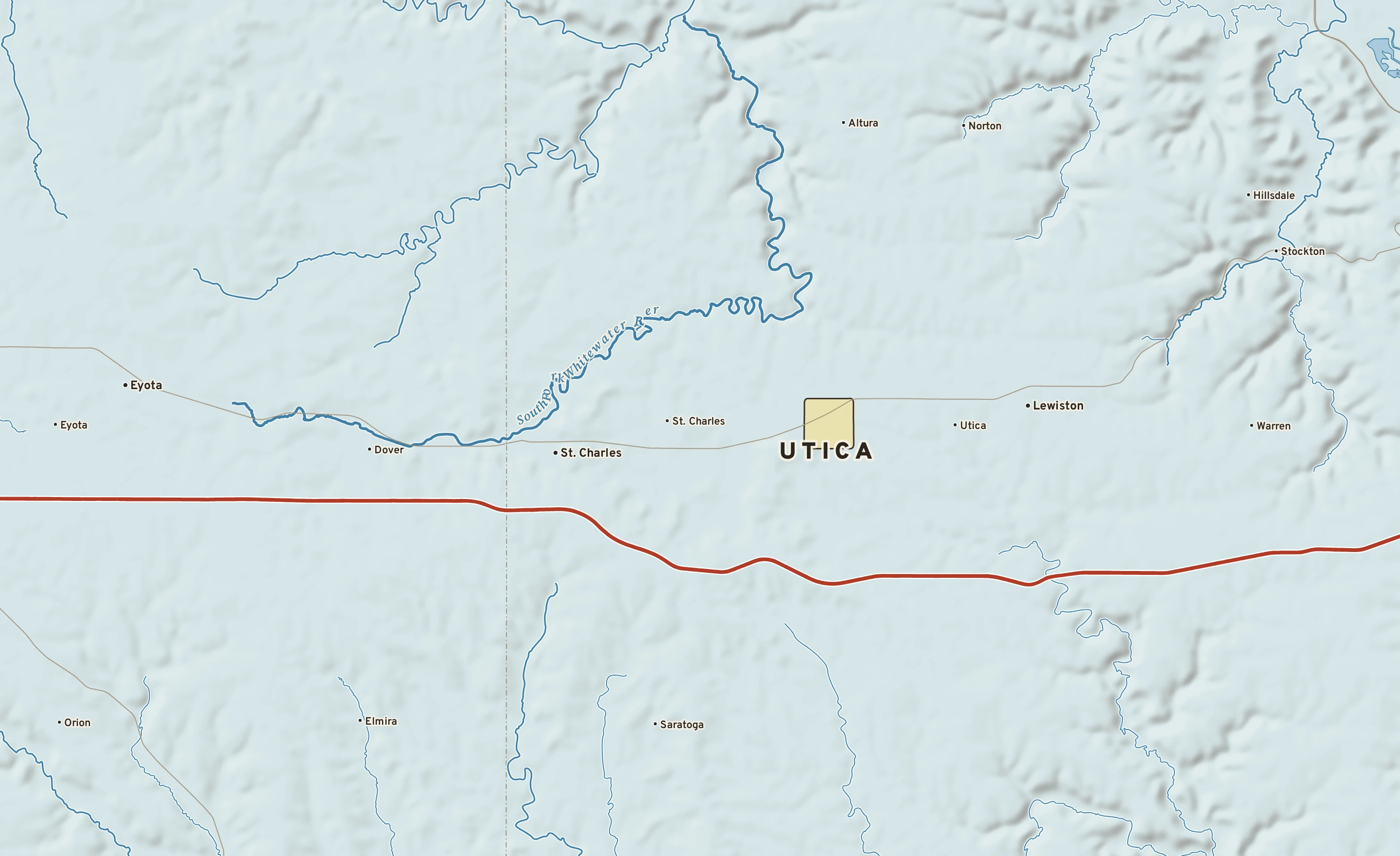 Shaded-relief atlas plate of Utica, Minnesota: rivers, roads, the city limits and where the water drains.