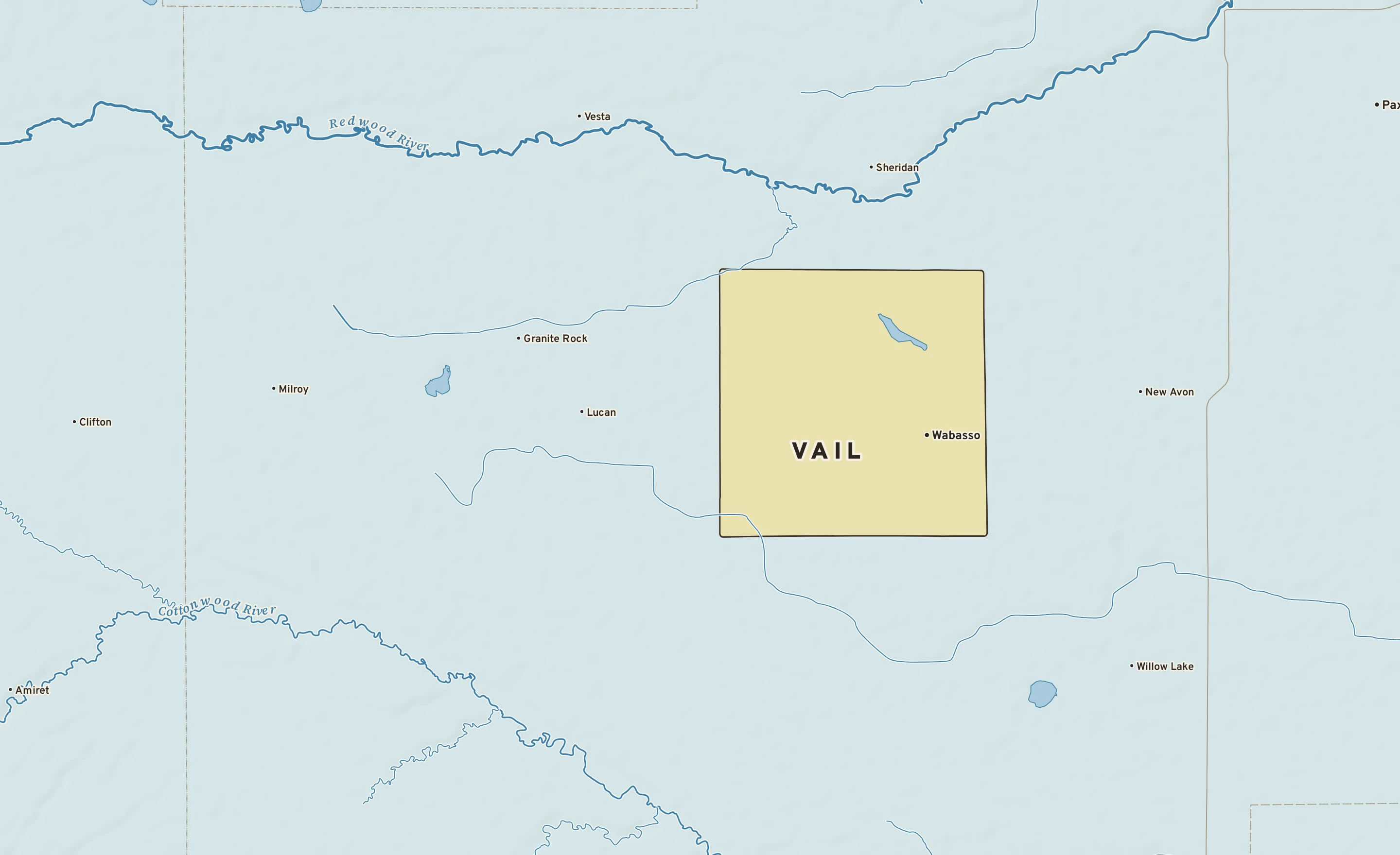 Shaded-relief atlas plate of Vail, Minnesota: rivers, roads, the city limits and where the water drains.