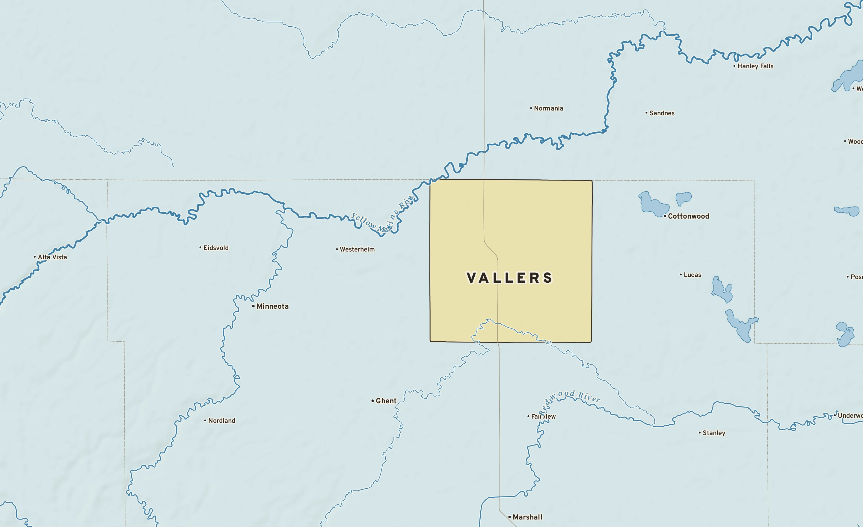 Shaded-relief atlas plate of Vallers, Minnesota: rivers, roads, the city limits and where the water drains.