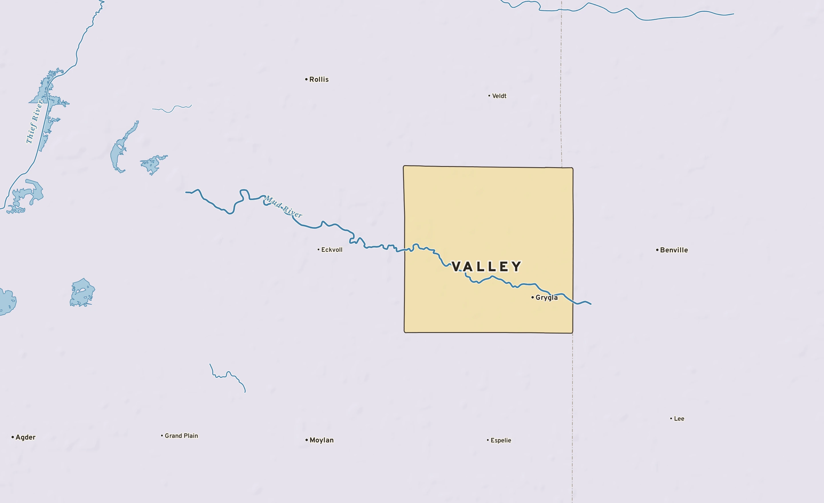 Shaded-relief atlas plate of Valley, Minnesota: rivers, roads, the city limits and where the water drains.