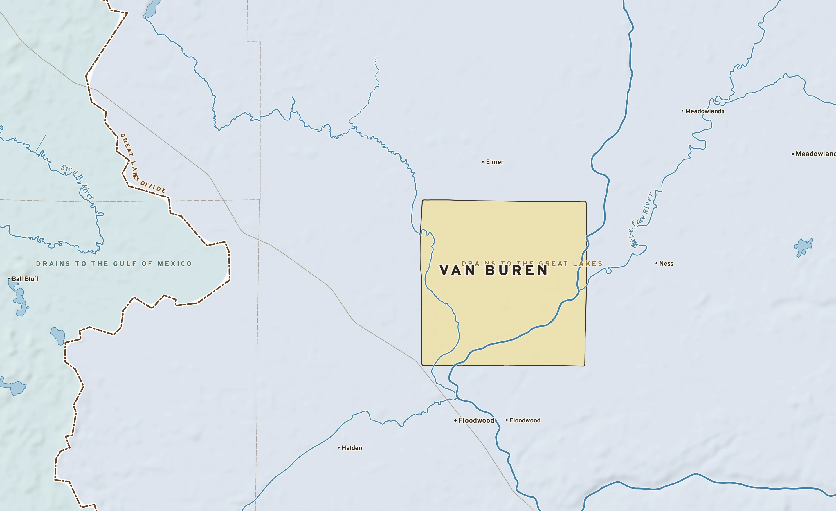 Shaded-relief atlas plate of Van Buren, Minnesota: rivers, roads, the city limits and where the water drains.