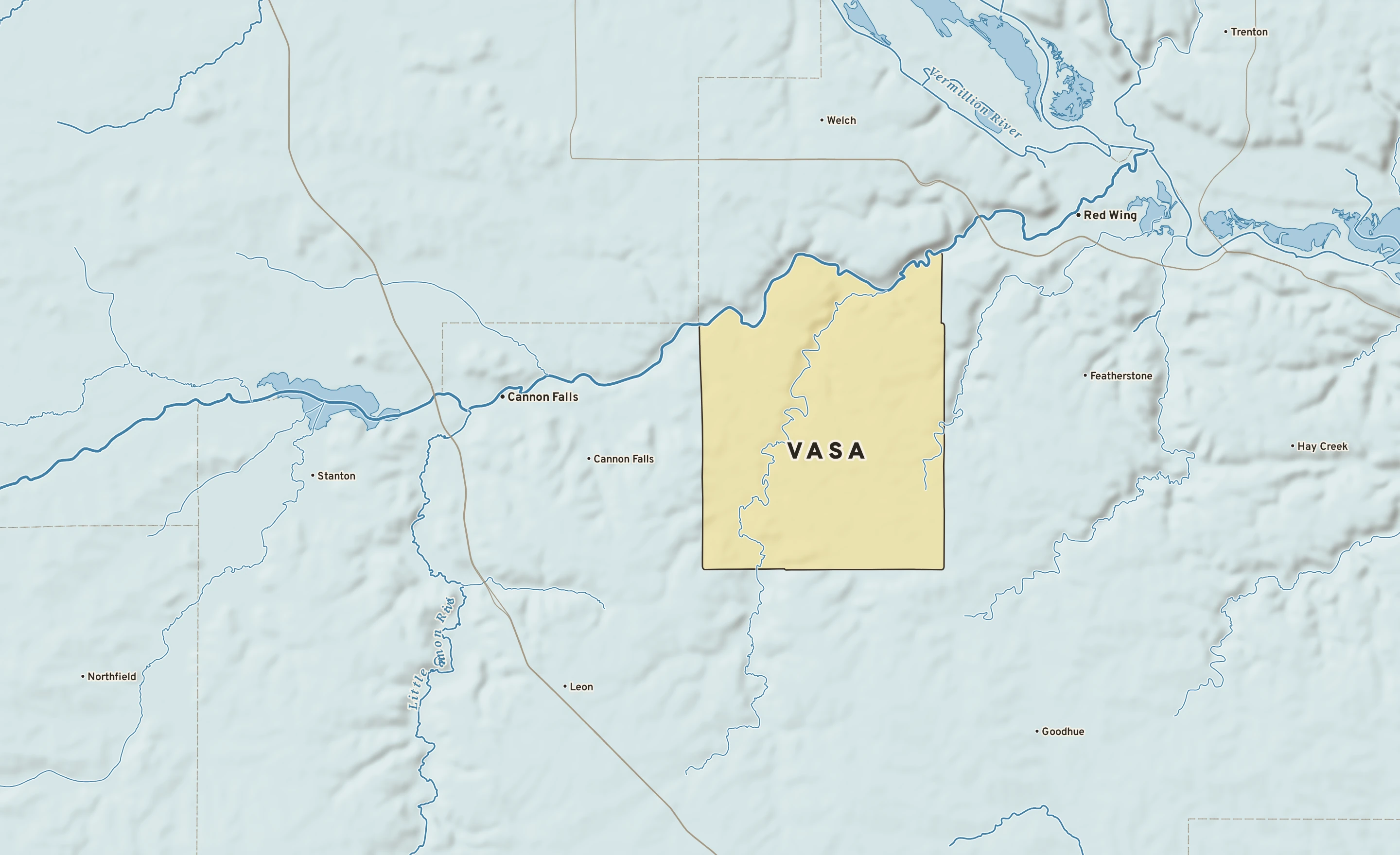 Shaded-relief atlas plate of Vasa, Minnesota: rivers, roads, the city limits and where the water drains.