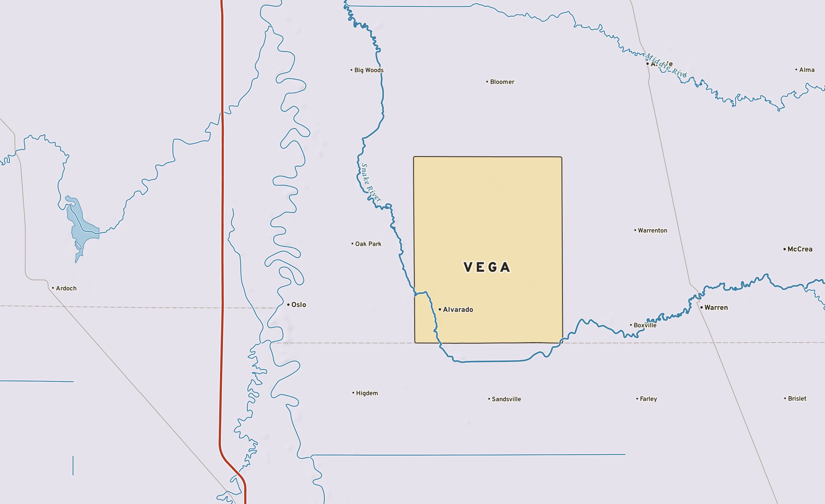 Shaded-relief atlas plate of Vega, Minnesota: rivers, roads, the city limits and where the water drains.