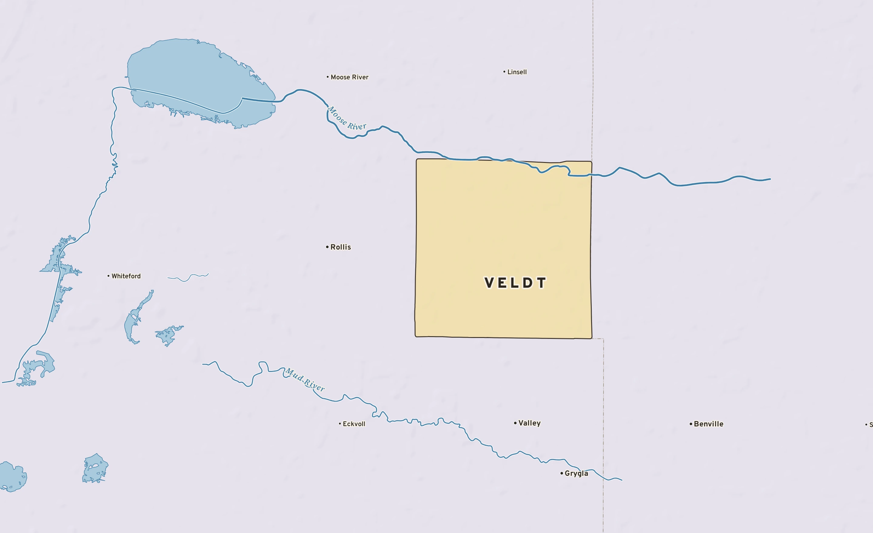 Shaded-relief atlas plate of Veldt, Minnesota: rivers, roads, the city limits and where the water drains.
