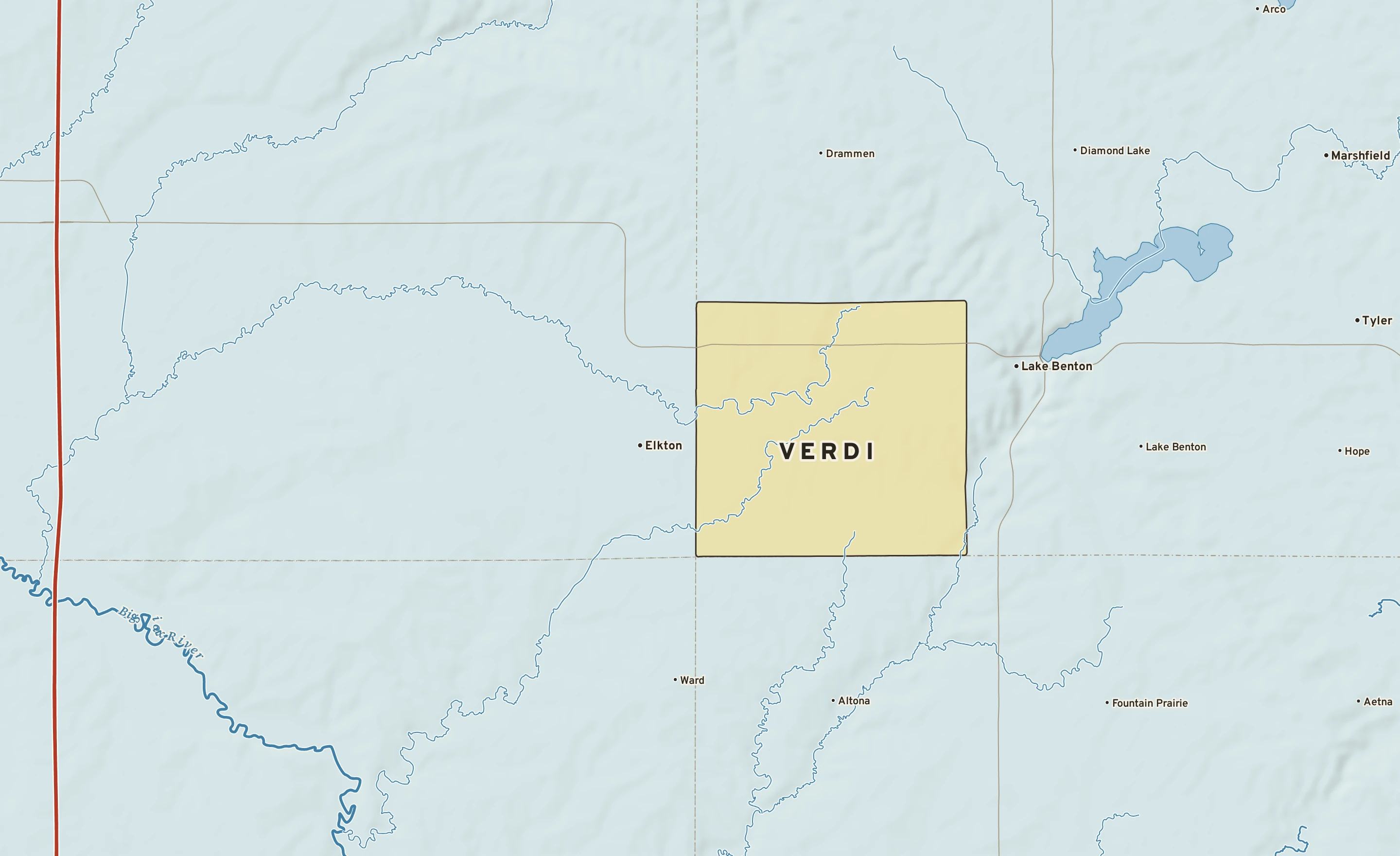 Shaded-relief atlas plate of Verdi, Minnesota: rivers, roads, the city limits and where the water drains.