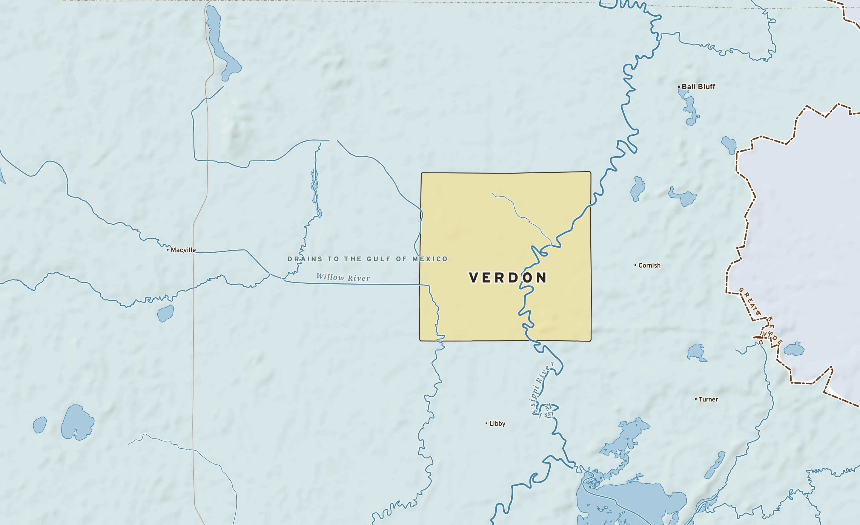 Shaded-relief atlas plate of Verdon, Minnesota: rivers, roads, the city limits and where the water drains.