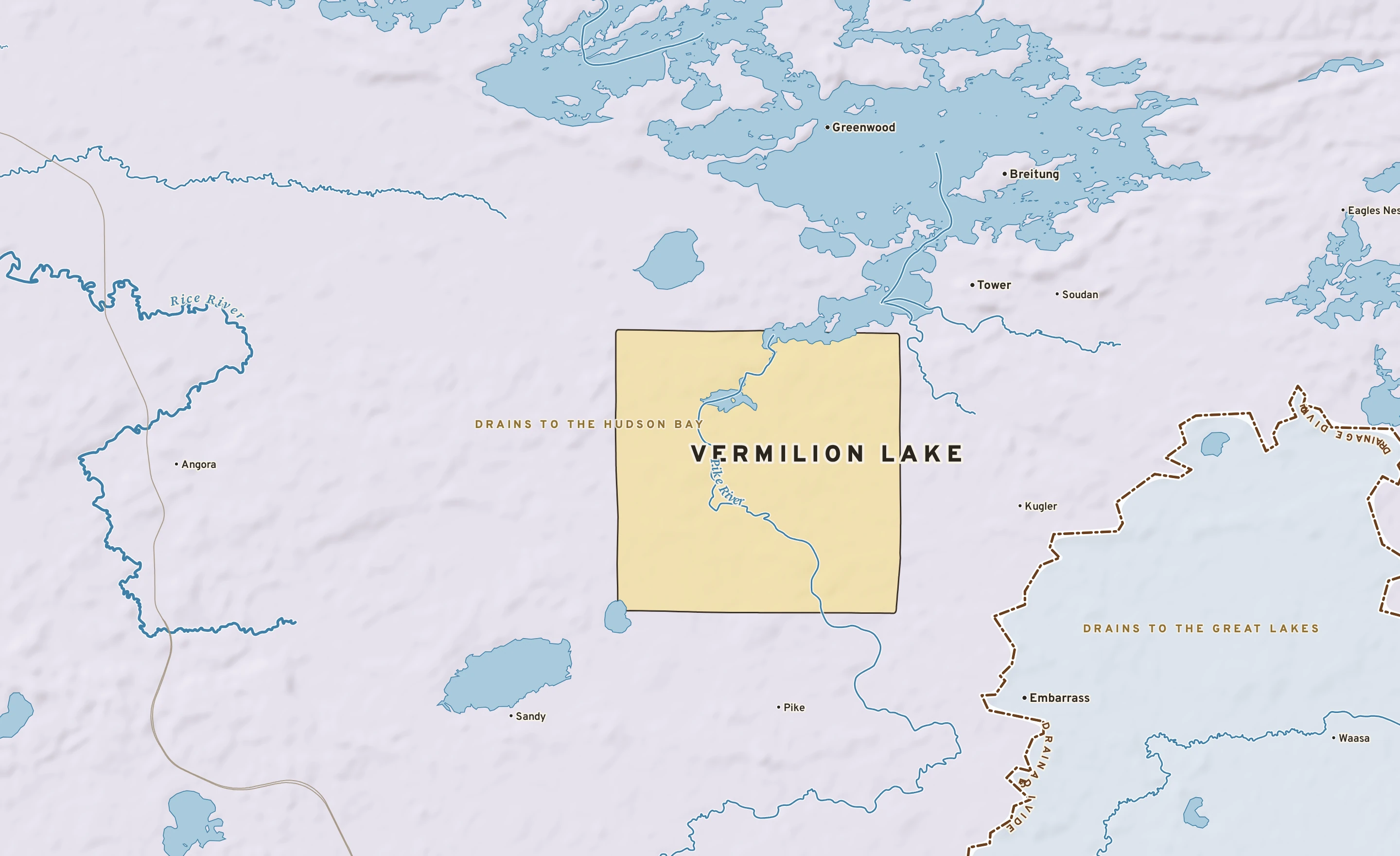 Shaded-relief atlas plate of Vermilion Lake, Minnesota: rivers, roads, the city limits and where the water drains.