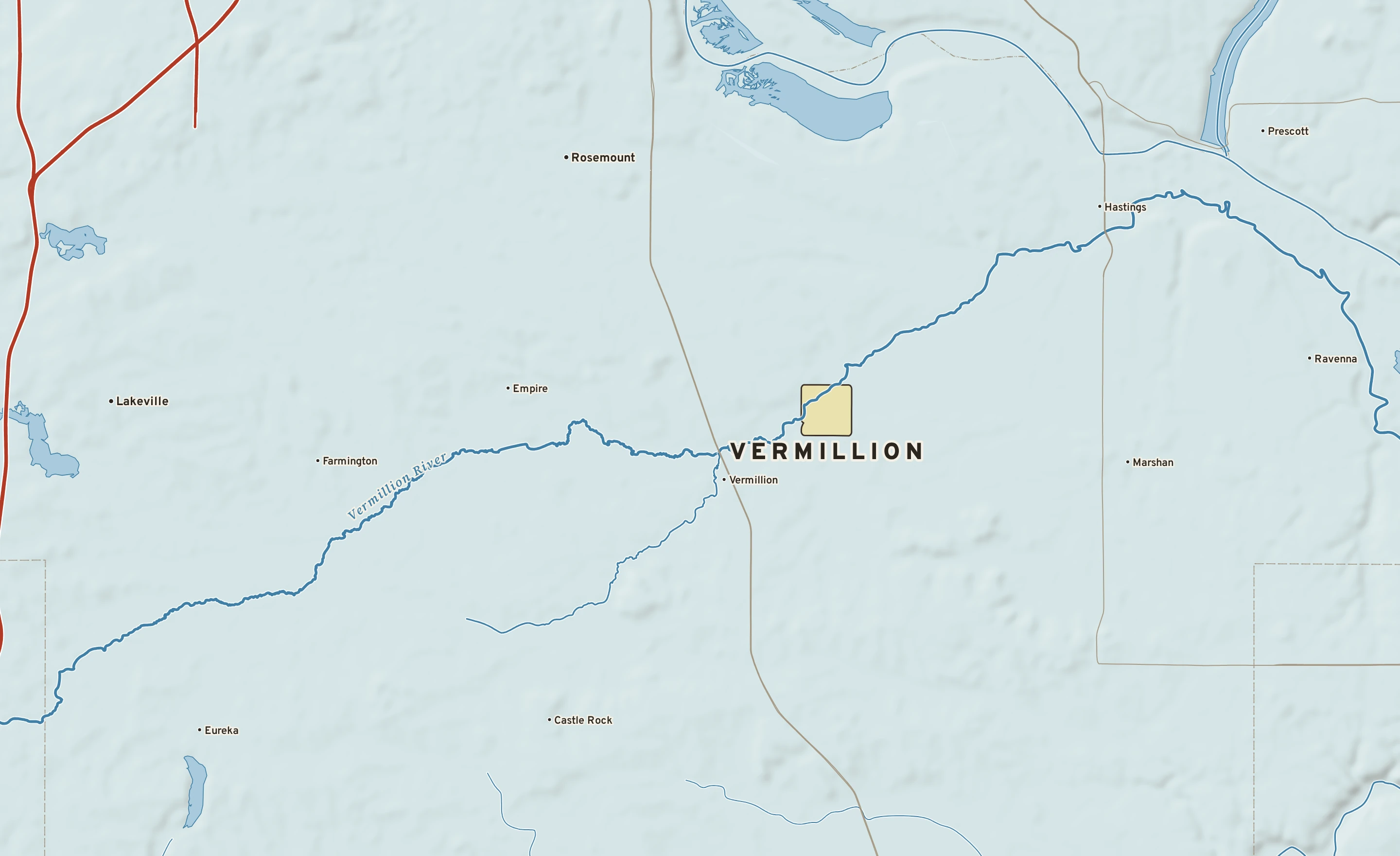 Shaded-relief atlas plate of Vermillion, Minnesota: rivers, roads, the city limits and where the water drains.