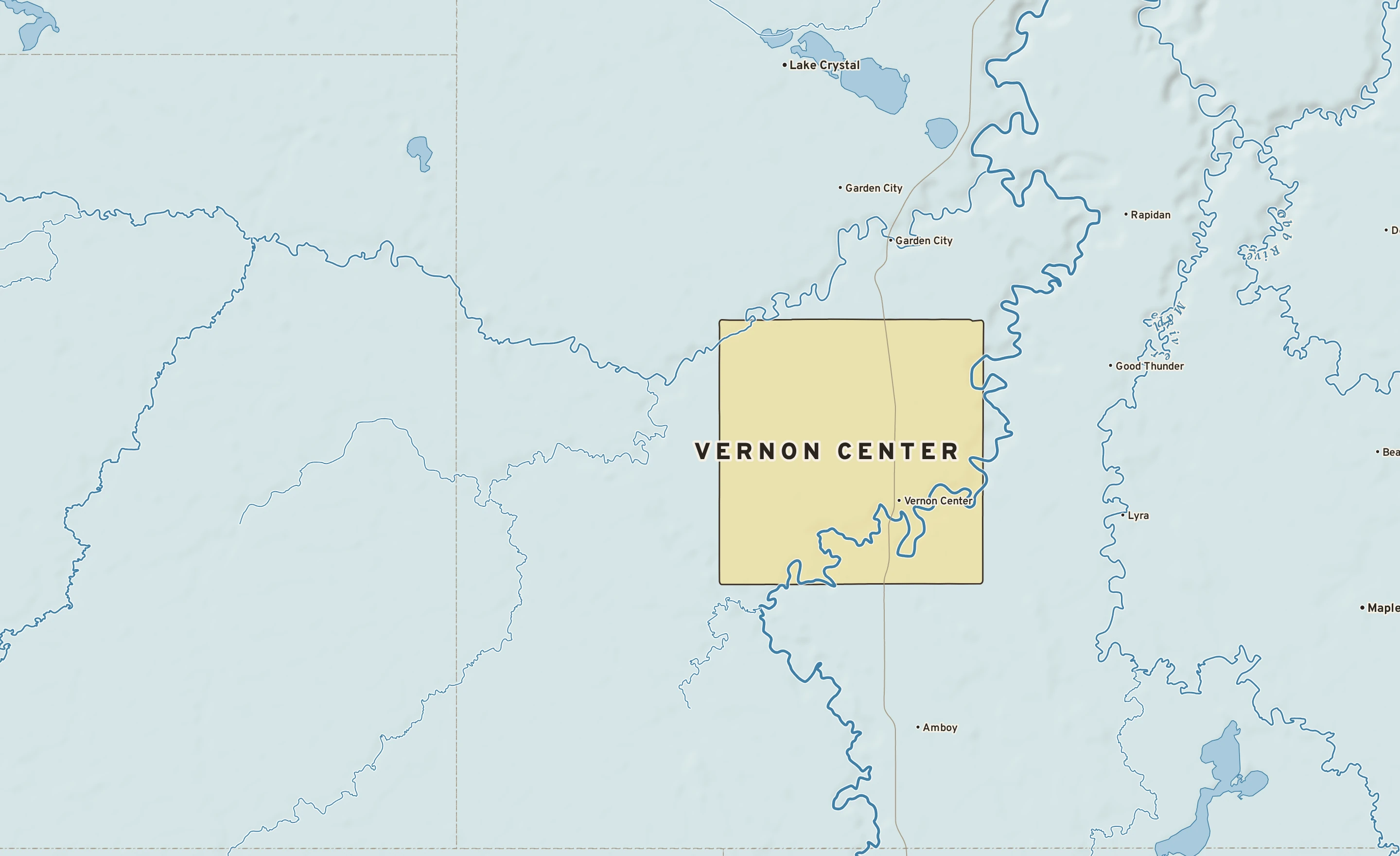 Shaded-relief atlas plate of Vernon Center, Minnesota: rivers, roads, the city limits and where the water drains.