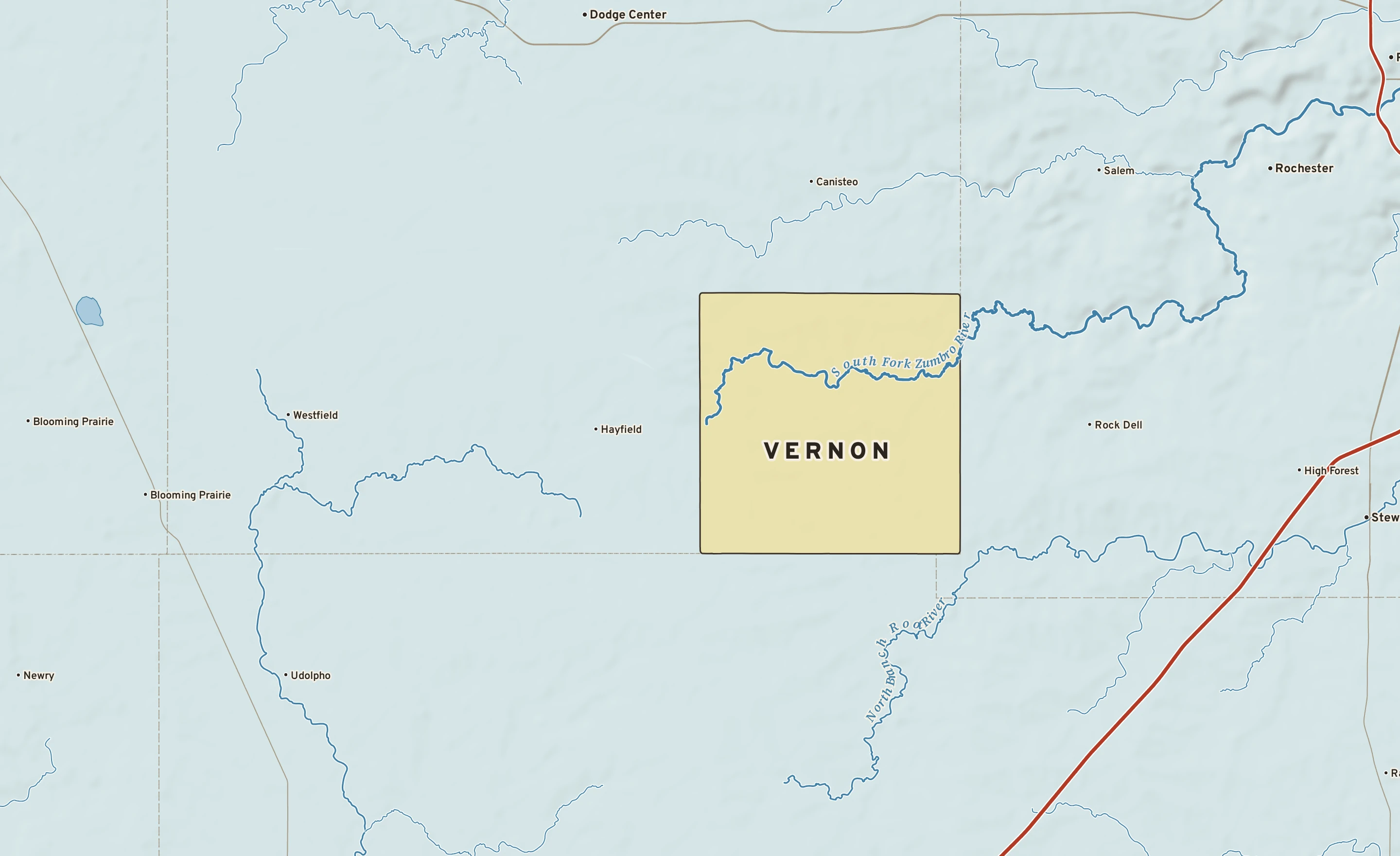 Shaded-relief atlas plate of Vernon, Minnesota: rivers, roads, the city limits and where the water drains.