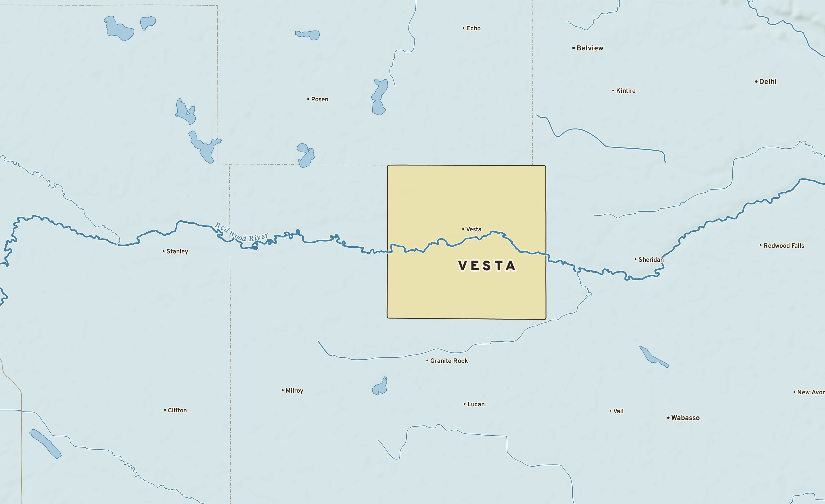 Shaded-relief atlas plate of Vesta, Minnesota: rivers, roads, the city limits and where the water drains.