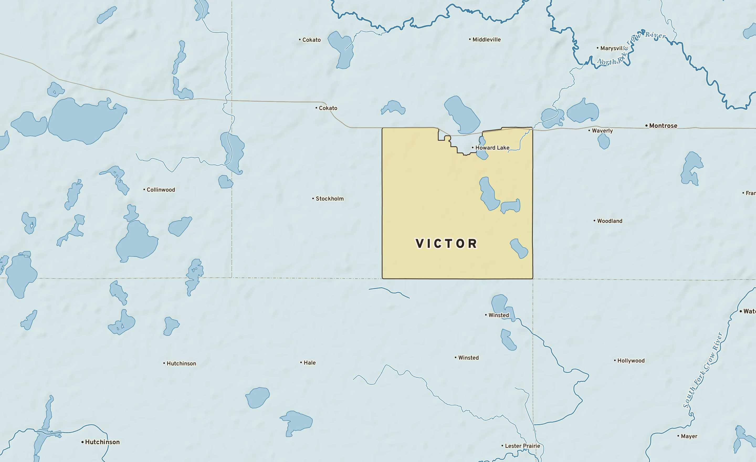 Shaded-relief atlas plate of Victor, Minnesota: rivers, roads, the city limits and where the water drains.
