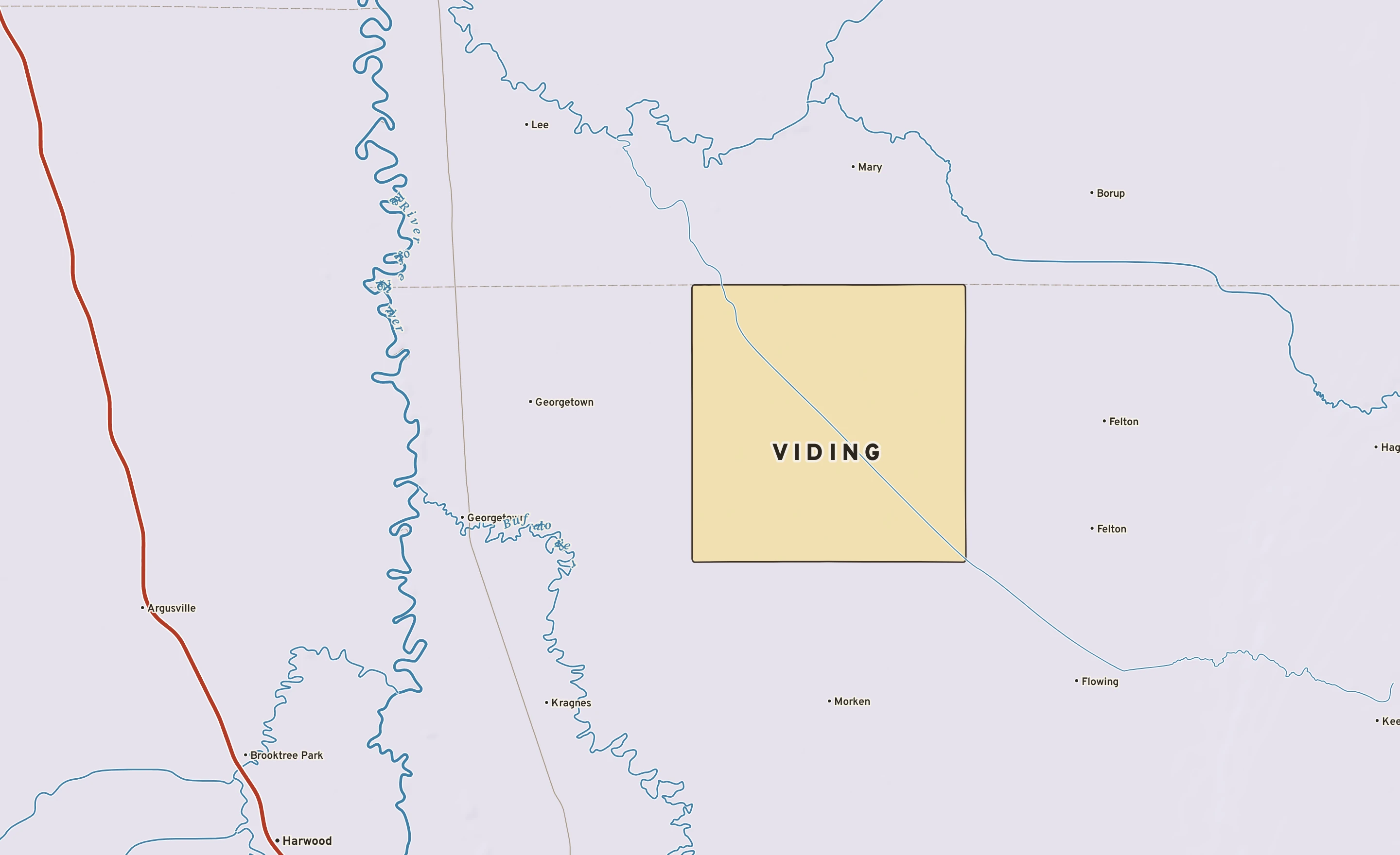 Shaded-relief atlas plate of Viding, Minnesota: rivers, roads, the city limits and where the water drains.
