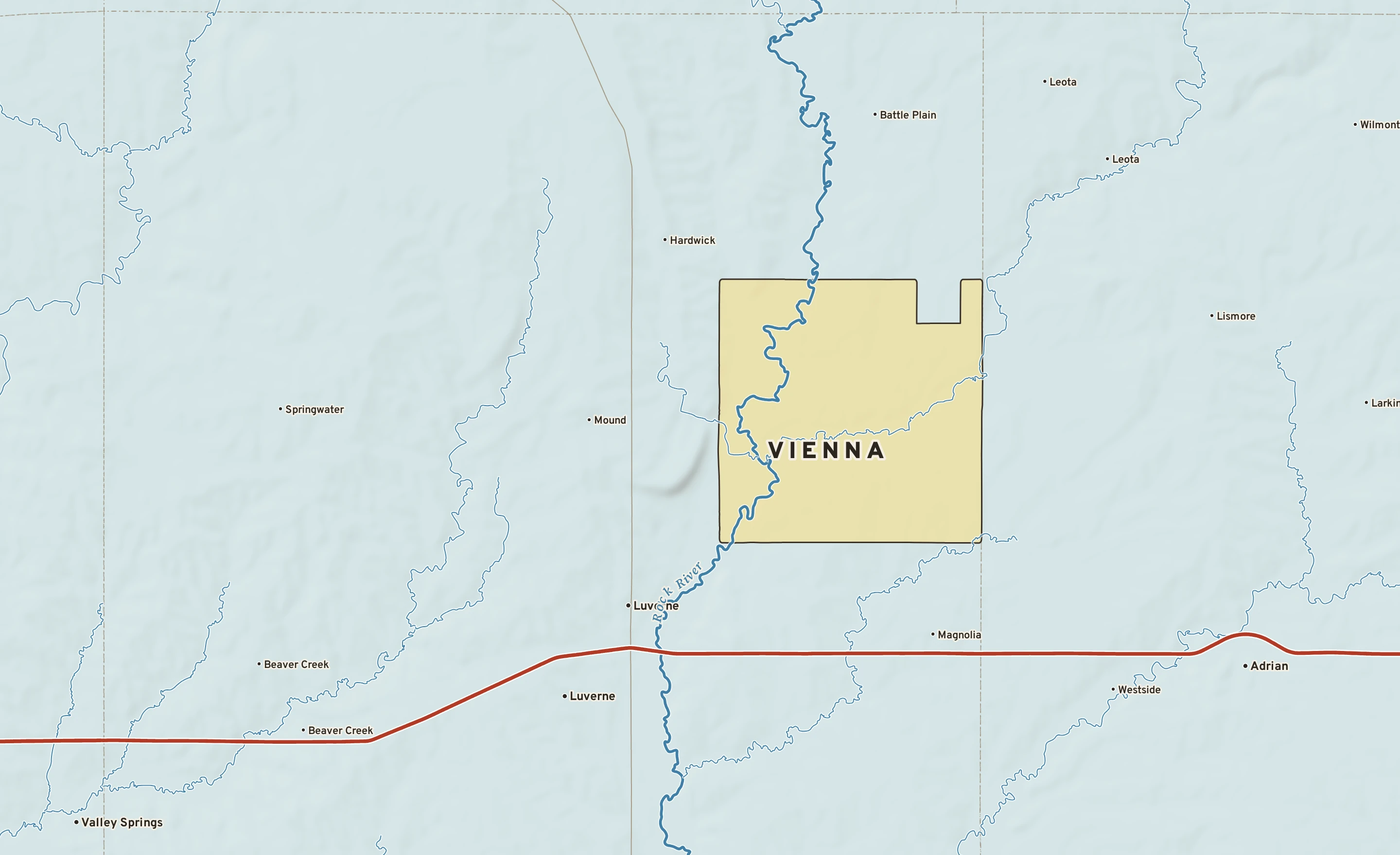 Shaded-relief atlas plate of Vienna, Minnesota: rivers, roads, the city limits and where the water drains.