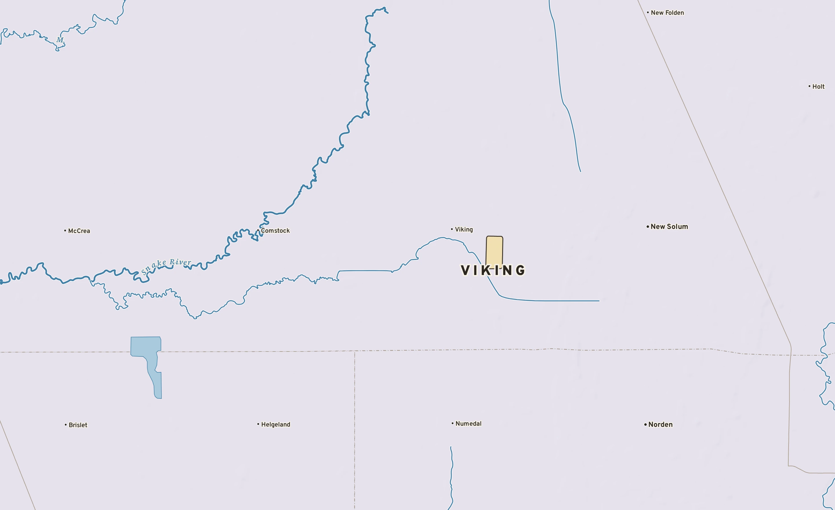 Shaded-relief atlas plate of Viking, Minnesota: rivers, roads, the city limits and where the water drains.
