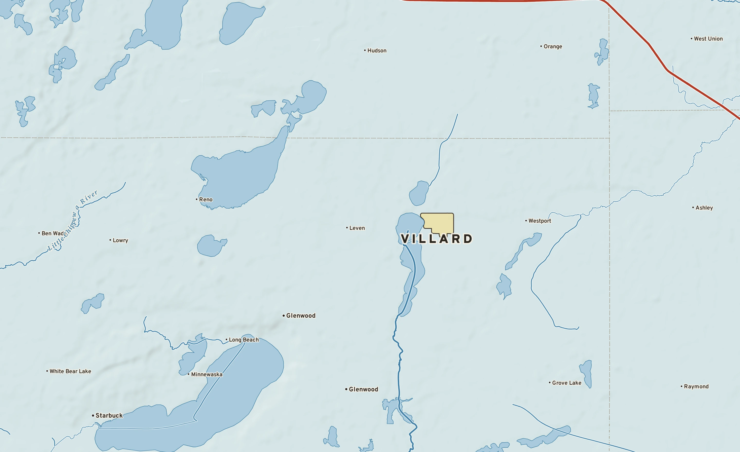 Shaded-relief atlas plate of Villard, Minnesota: rivers, roads, the city limits and where the water drains.