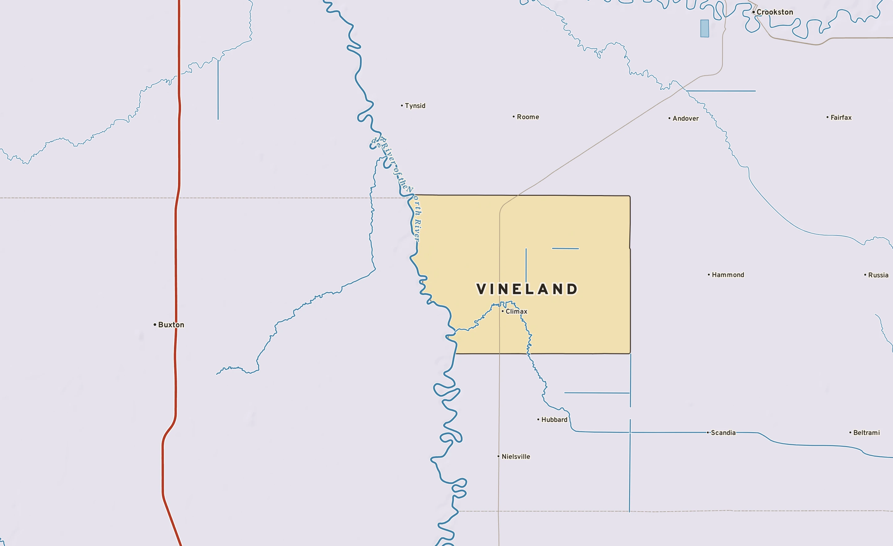 Shaded-relief atlas plate of Vineland, Minnesota: rivers, roads, the city limits and where the water drains.