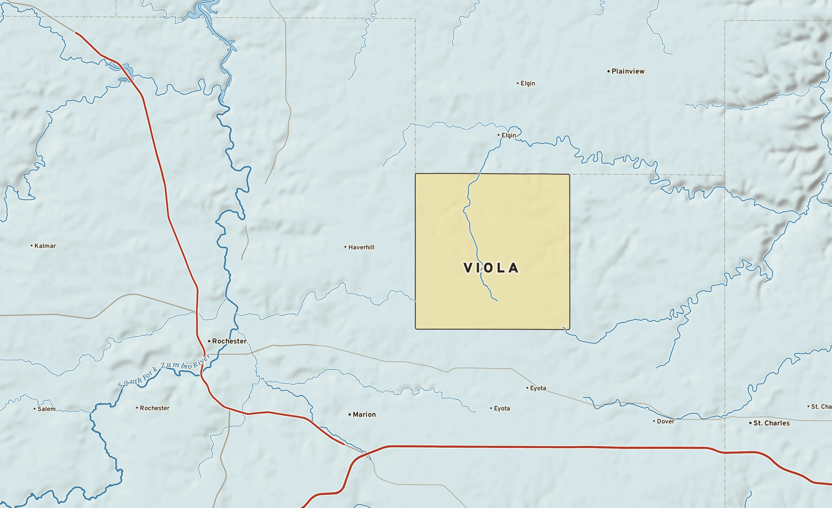 Shaded-relief atlas plate of Viola, Minnesota: rivers, roads, the city limits and where the water drains.