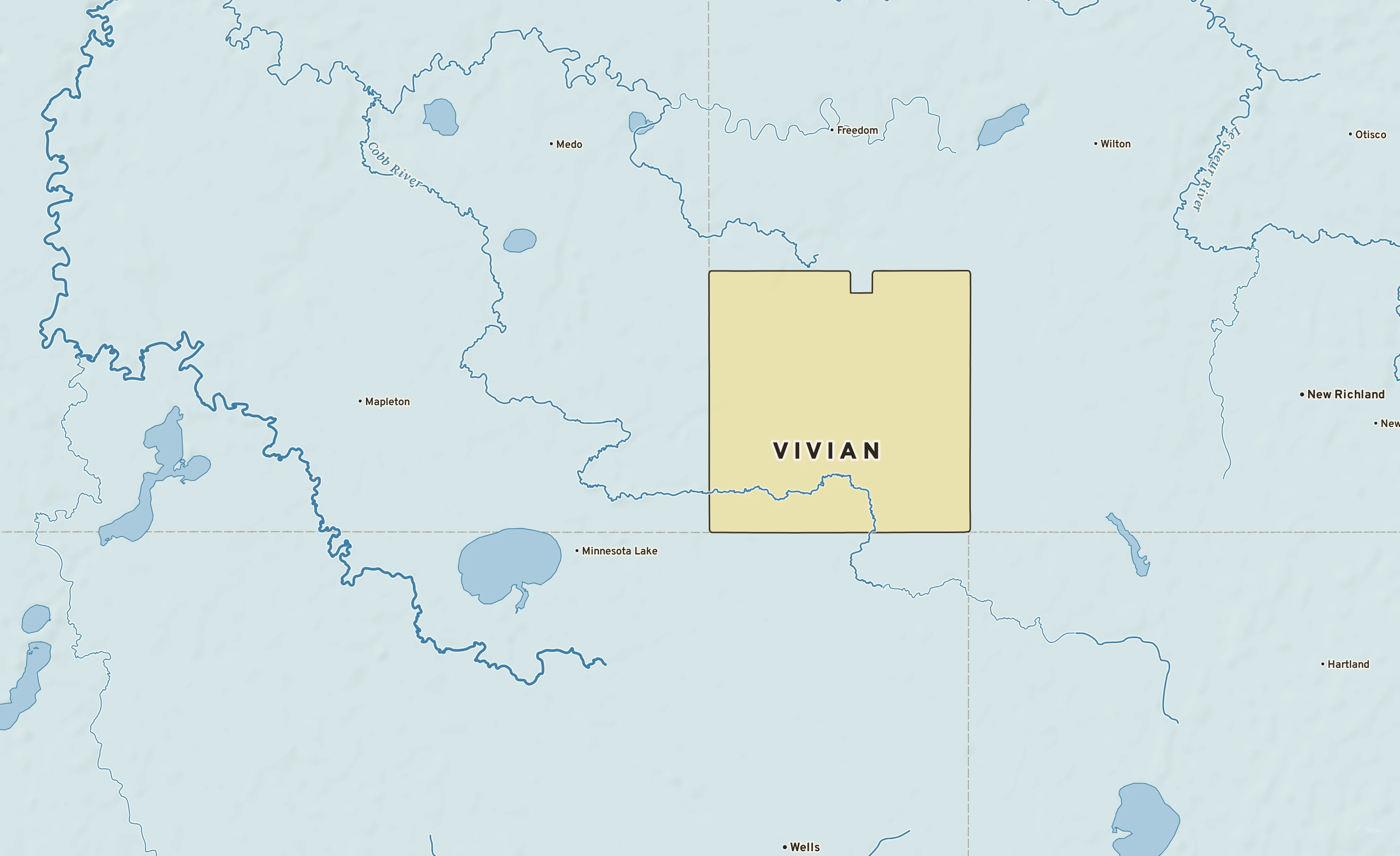 Shaded-relief atlas plate of Vivian, Minnesota: rivers, roads, the city limits and where the water drains.