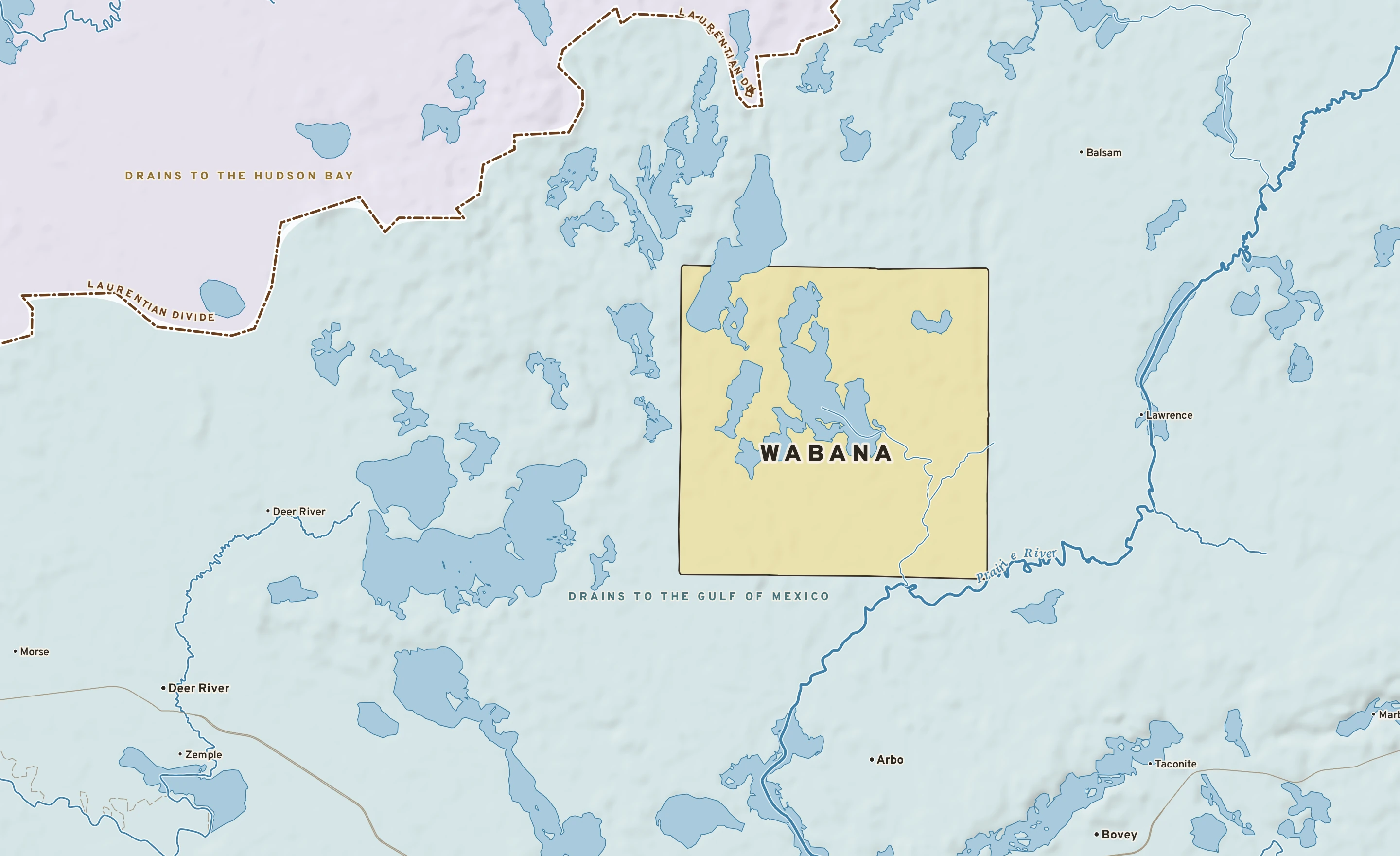 Shaded-relief atlas plate of Wabana, Minnesota: rivers, roads, the city limits and where the water drains.