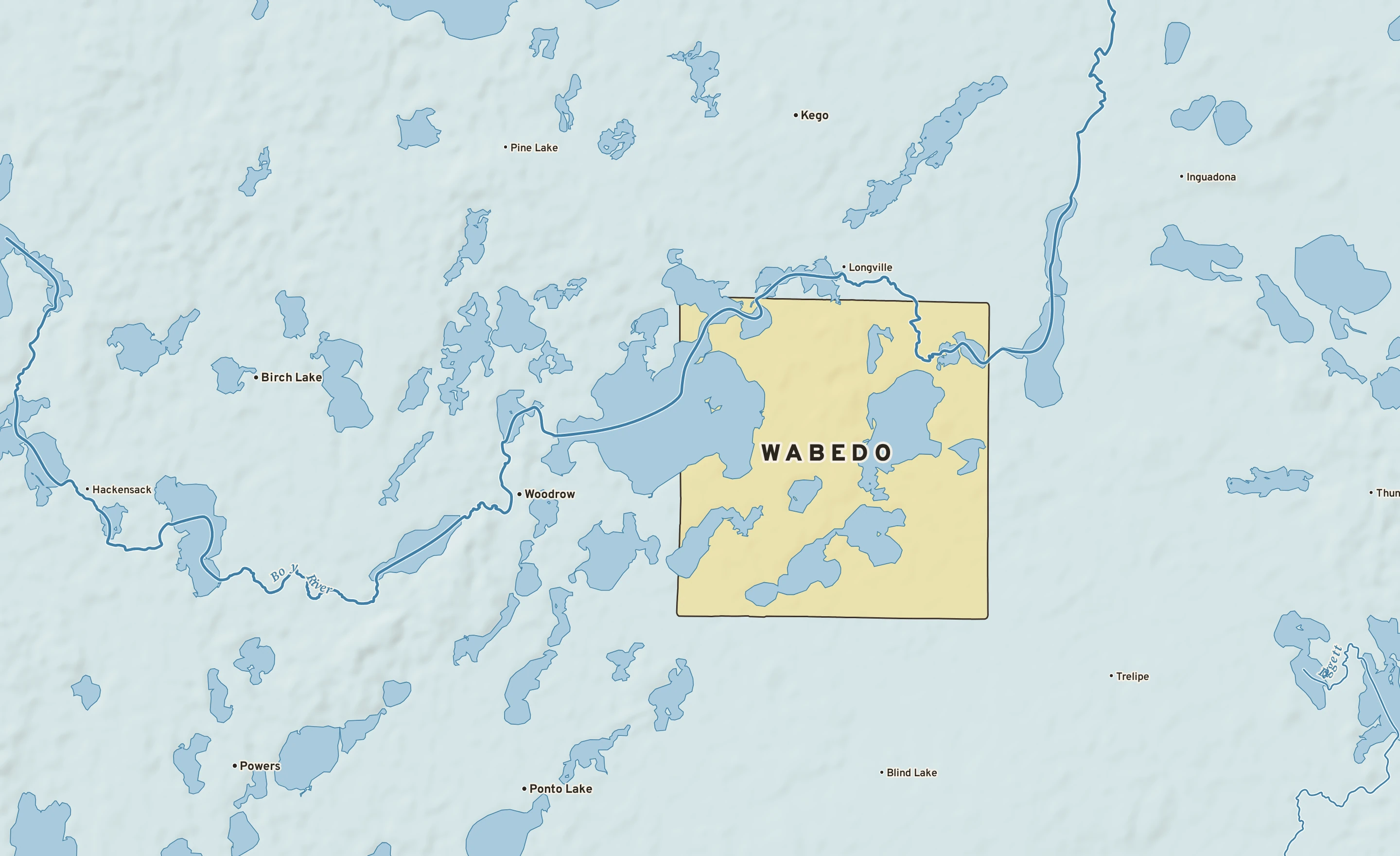 Shaded-relief atlas plate of Wabedo, Minnesota: rivers, roads, the city limits and where the water drains.