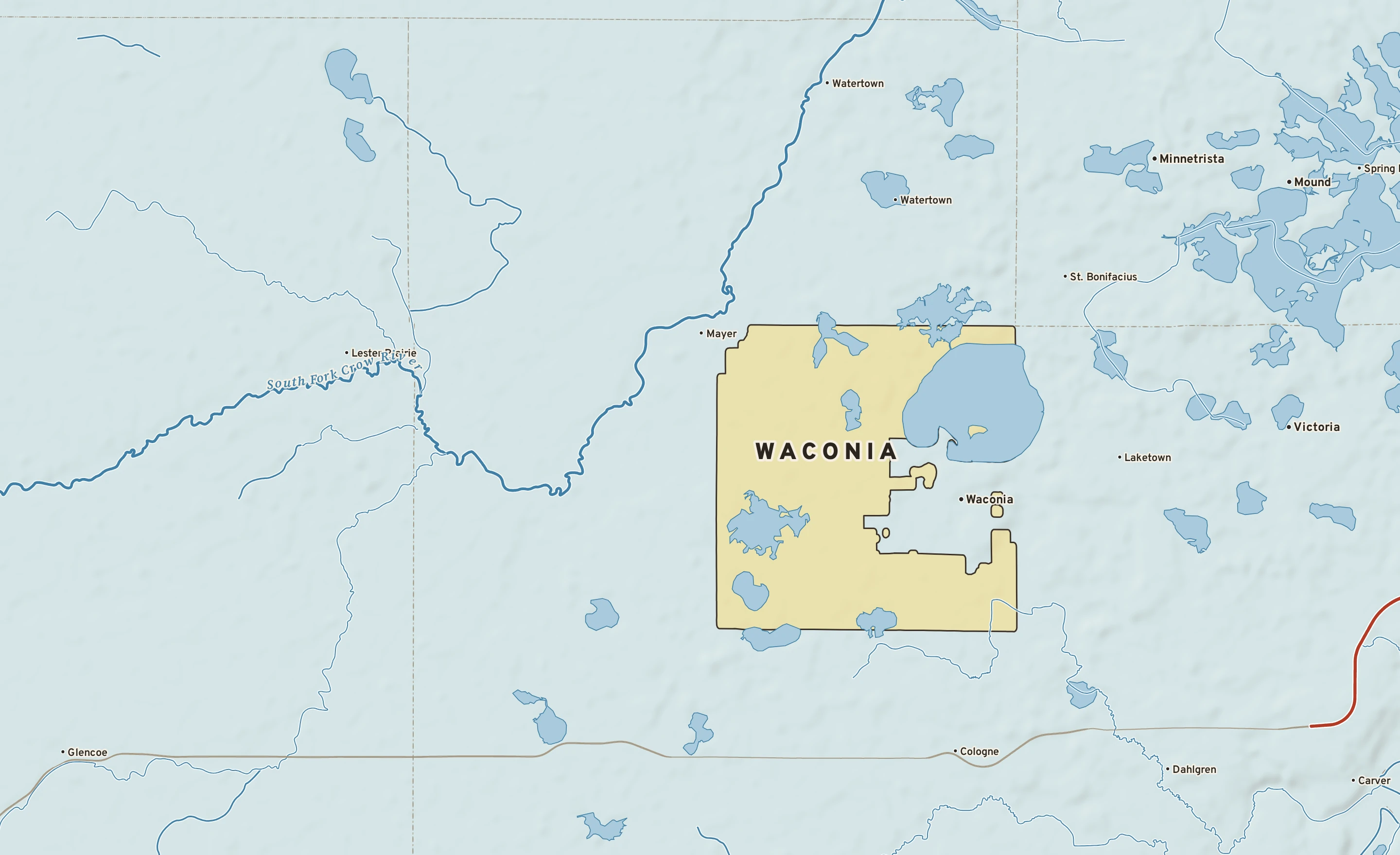 Shaded-relief atlas plate of Waconia, Minnesota: rivers, roads, the city limits and where the water drains.