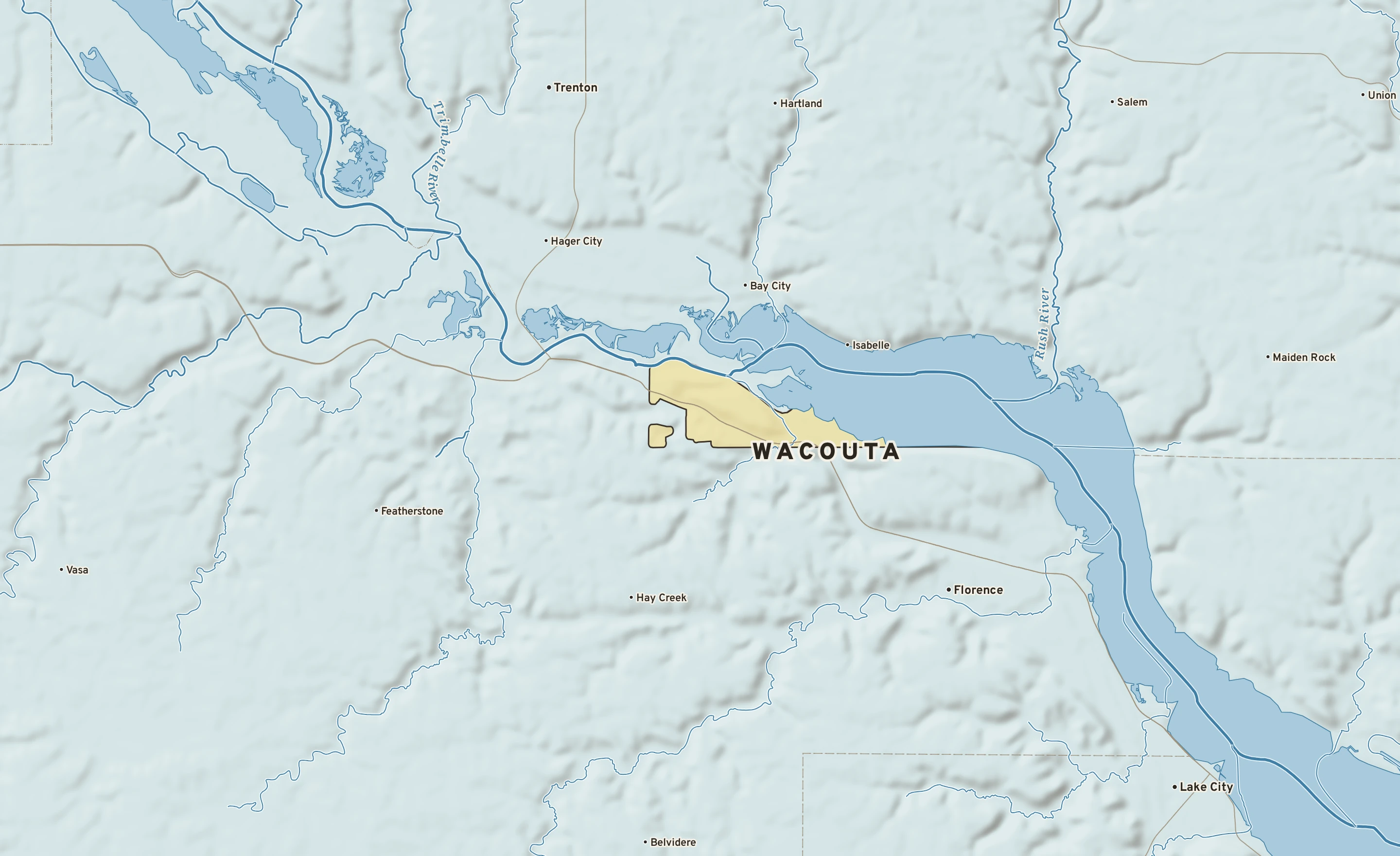 Shaded-relief atlas plate of Wacouta, Minnesota: rivers, roads, the city limits and where the water drains.