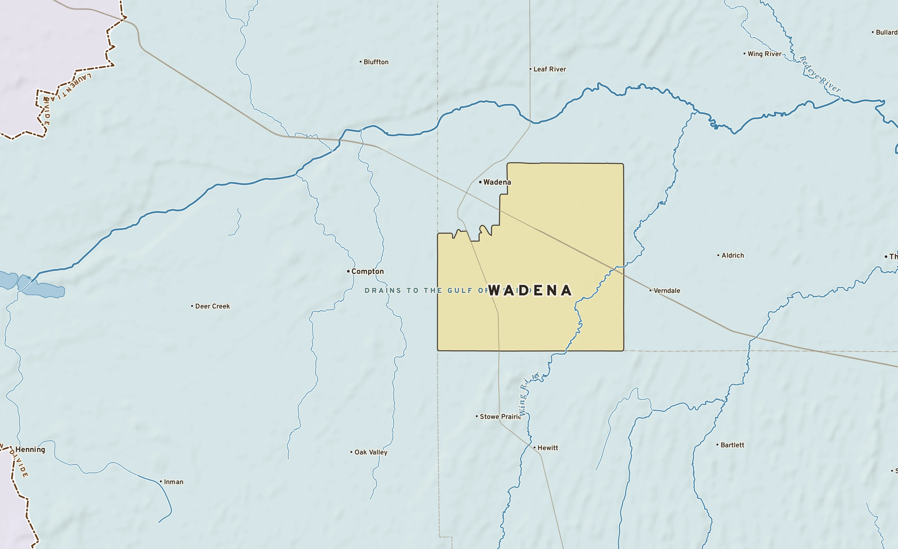 Shaded-relief atlas plate of Wadena, Minnesota: rivers, roads, the city limits and where the water drains.