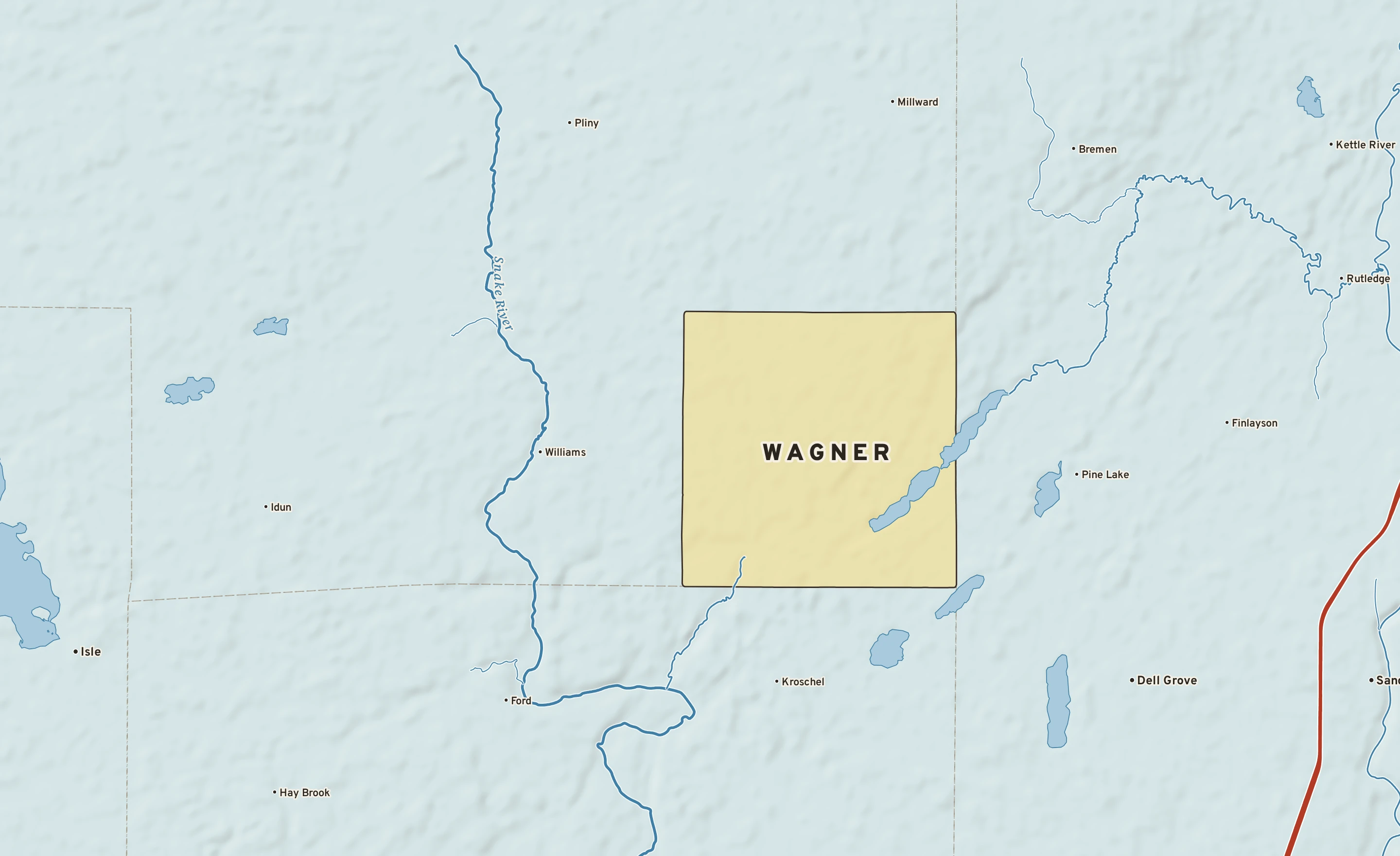 Shaded-relief atlas plate of Wagner, Minnesota: rivers, roads, the city limits and where the water drains.